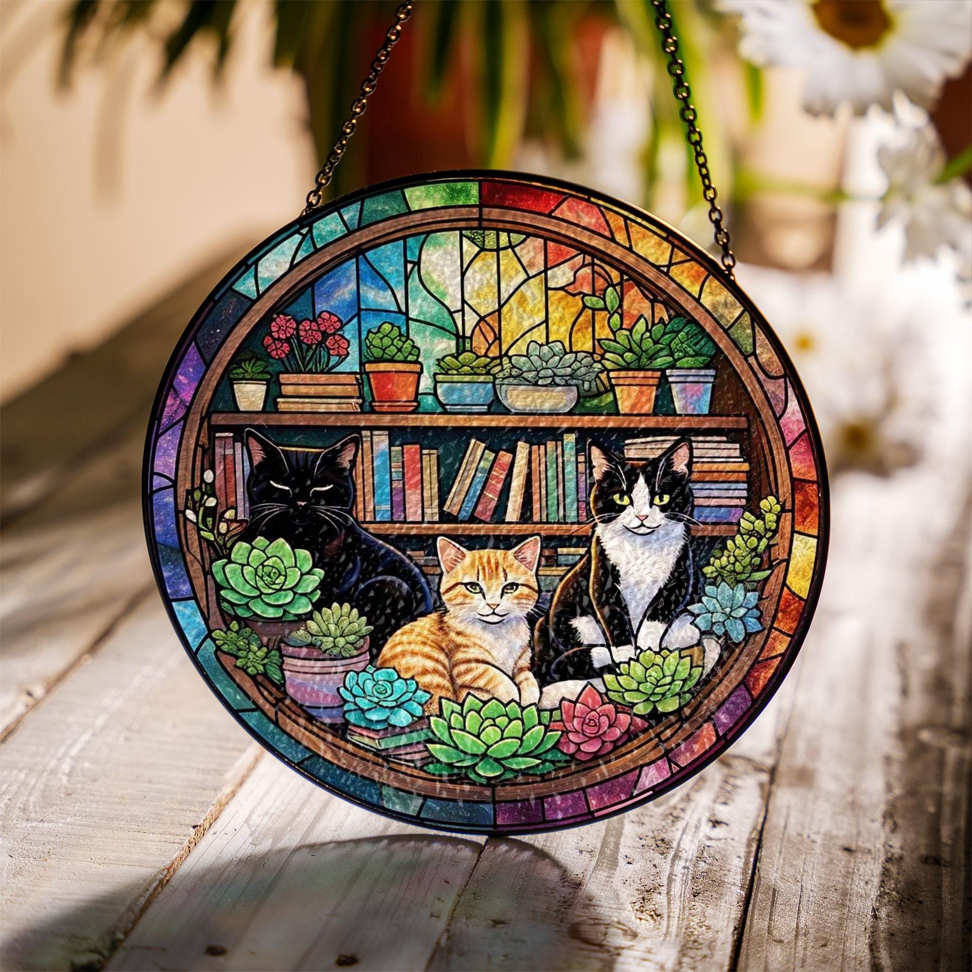 Cozy Cat Bookshelf Suncatcher | Glass Window Art with Succulents & Books | Gift for Cat Lovers | Home Library Decor for cat mom