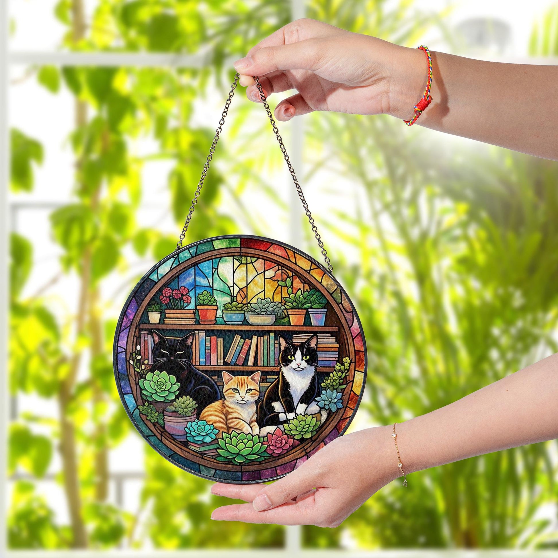 Cozy Cat Bookshelf Suncatcher | Glass Window Art with Succulents & Books | Gift for Cat Lovers | Home Library Decor for cat mom