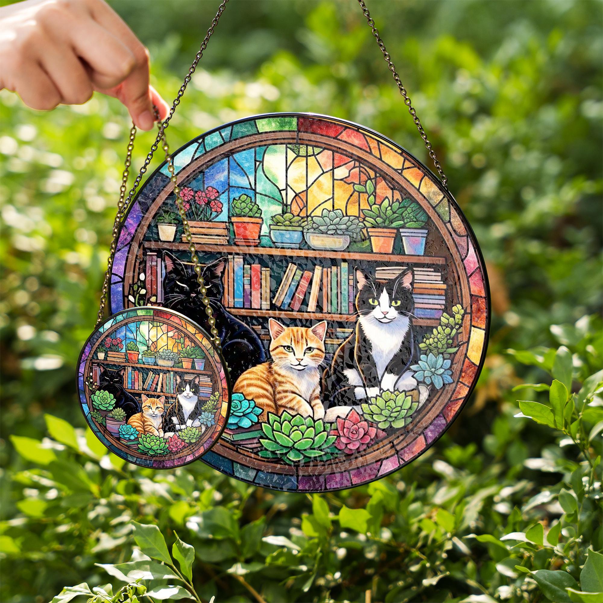 Cozy Cat Bookshelf Suncatcher | Glass Window Art with Succulents & Books | Gift for Cat Lovers | Home Library Decor for cat mom