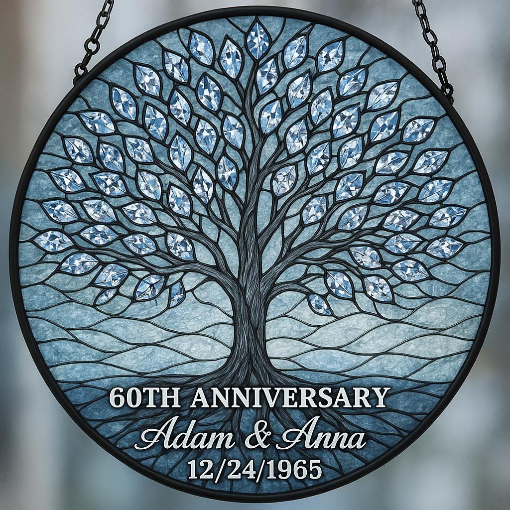 Custom Anniversary Tree Suncatcher, Personalized Glass Gift, 60th Wedding Keepsake, Family Tree Window Decor with Names