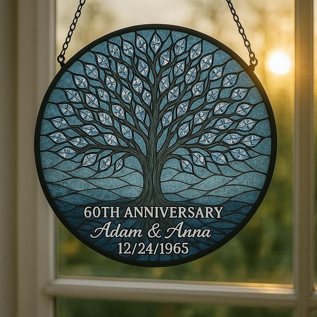 Custom Anniversary Tree Suncatcher, Personalized Glass Gift, 60th Wedding Keepsake, Family Tree Window Decor with Names