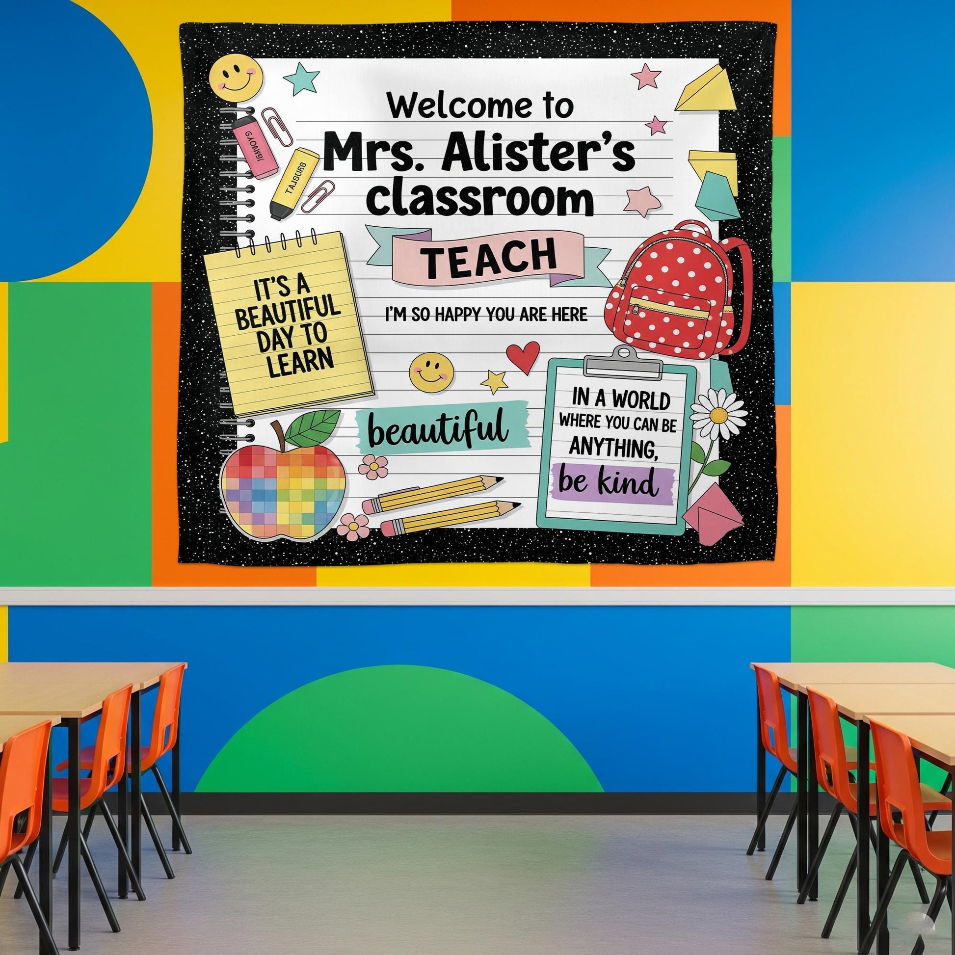 Custom Classroom Tapestry, Teacher Name Wall Decor, Back to School Sign,Personalized Teacher Gift,Cute Classroom Banner,Classroom Wall Decor