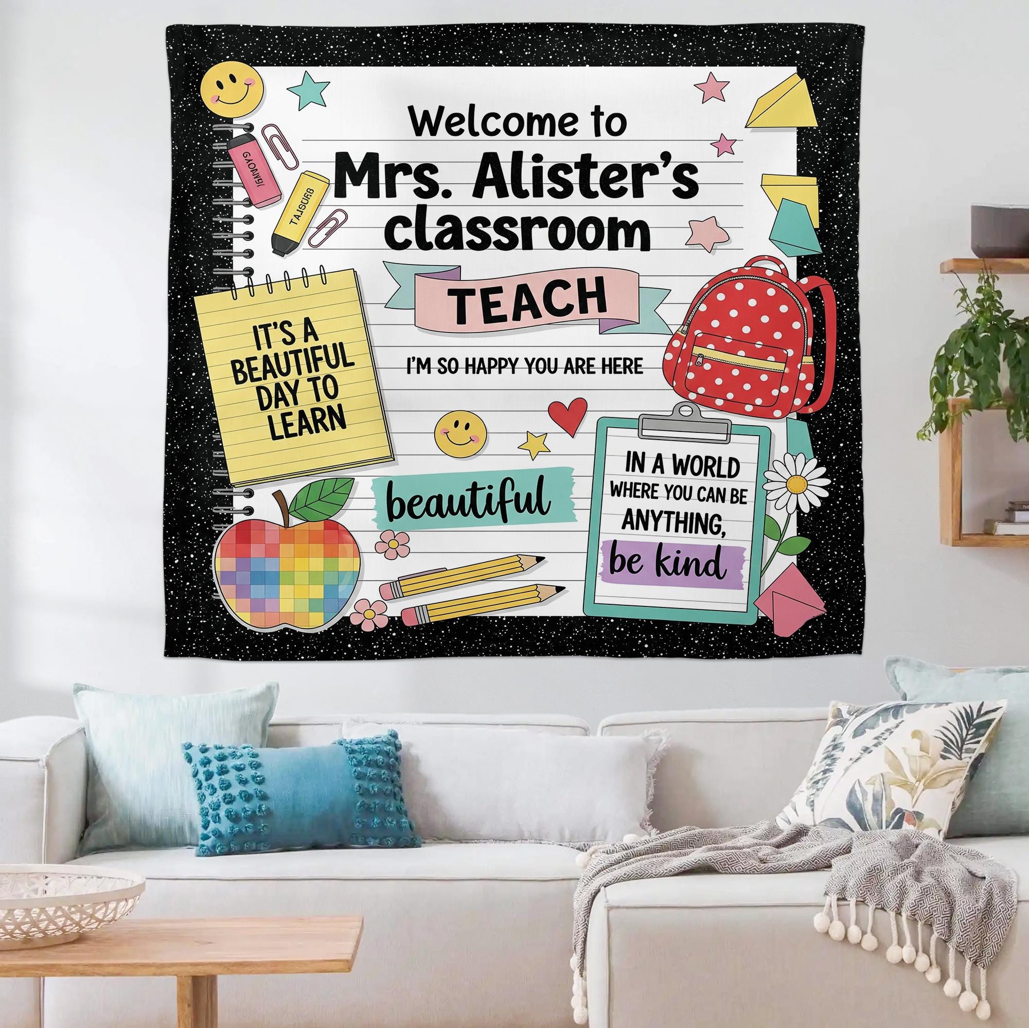 Custom Classroom Tapestry, Teacher Name Wall Decor, Back to School Sign,Personalized Teacher Gift,Cute Classroom Banner,Classroom Wall Decor