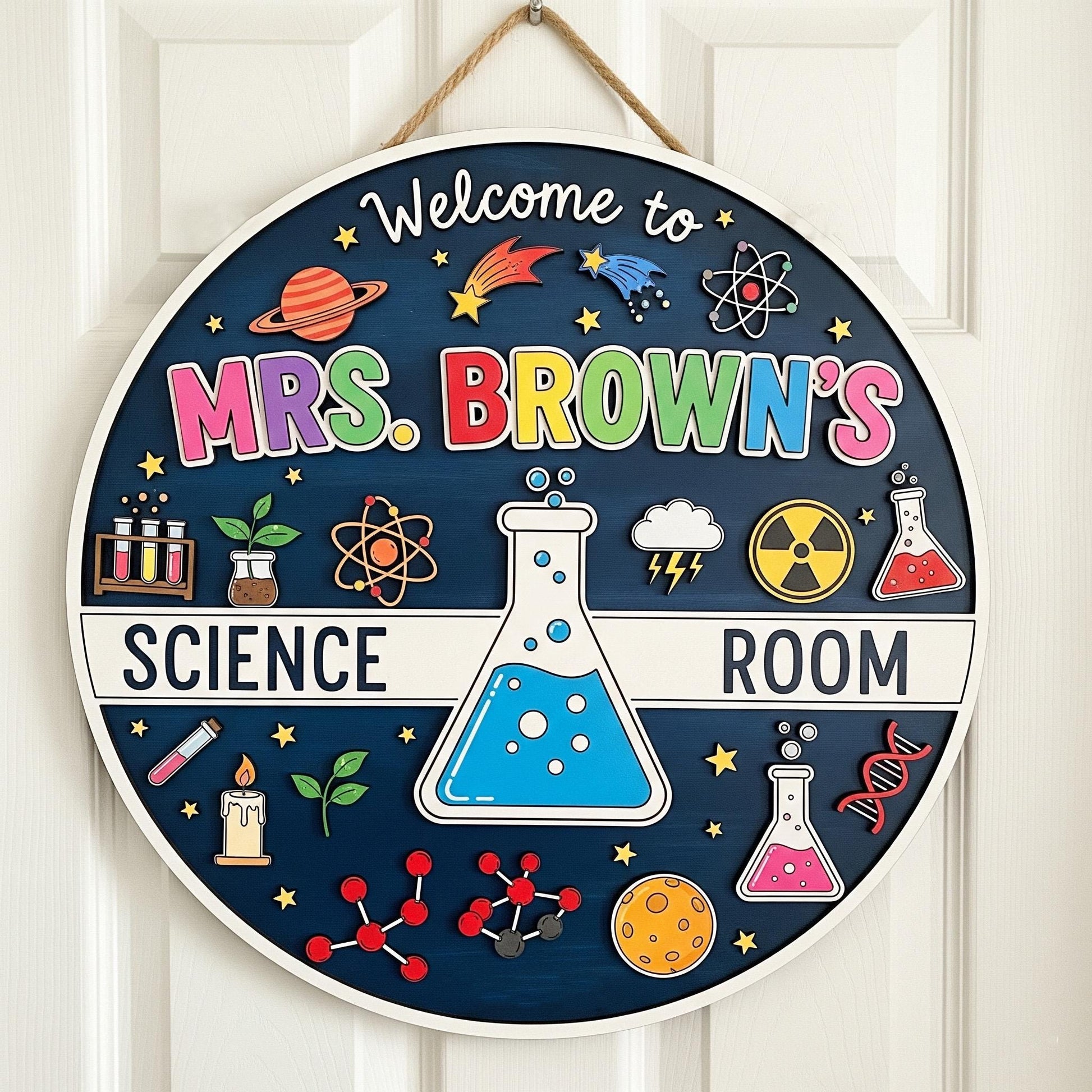 Personalized Science Room Sign, 2 Layer Teacher Door Decor, Custom Classroom Lab Sign, Mrs Brown STEM Gift, Wooden Teacher Plaque