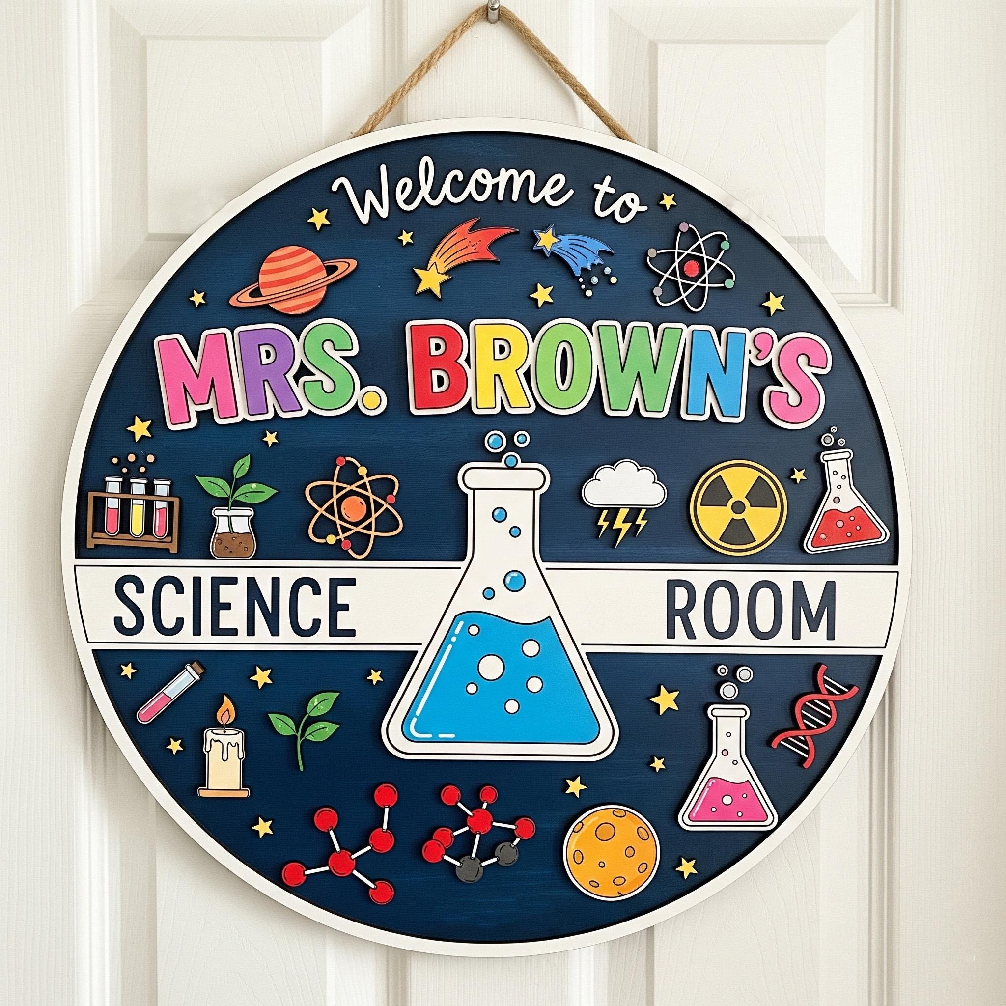 Personalized Science Room Sign, 2 Layer Teacher Door Decor, Custom Classroom Lab Sign, Mrs Brown STEM Gift, Wooden Teacher Plaque
