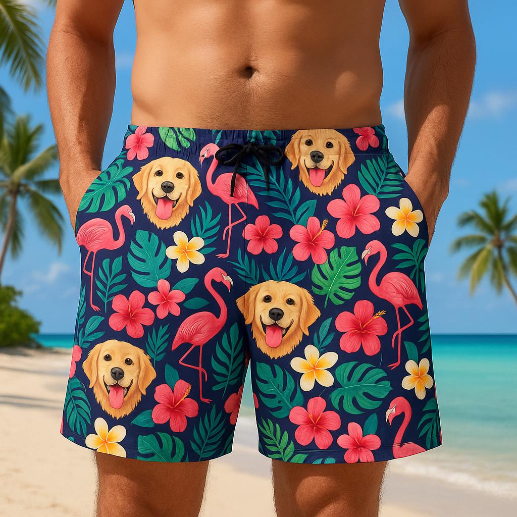 Custom Dog Face Hawaiian Unisex Shorts, Pet Photo Flamingo Swim Trunks, Funny Tropical Beachwear, Personalized Summer Gift for Dog Dad