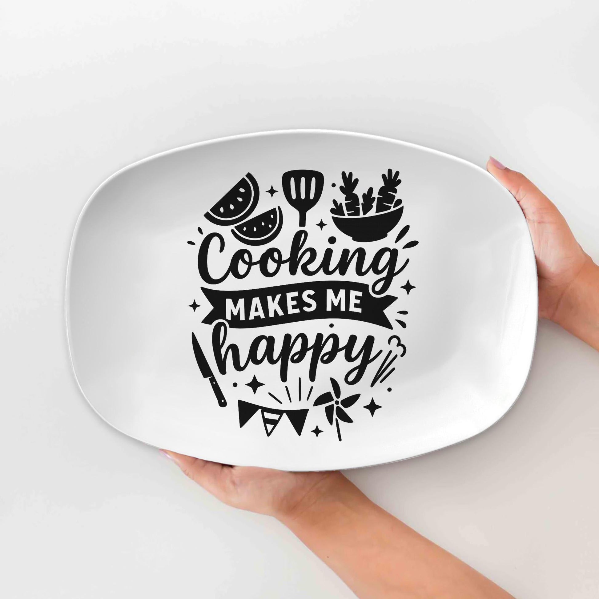 Cooking Makes Me Happy Platter – Funny Kitchen Serveware Tray, Gift for Chefs, Cooks & Food Lovers – Decorative Melamine Plate