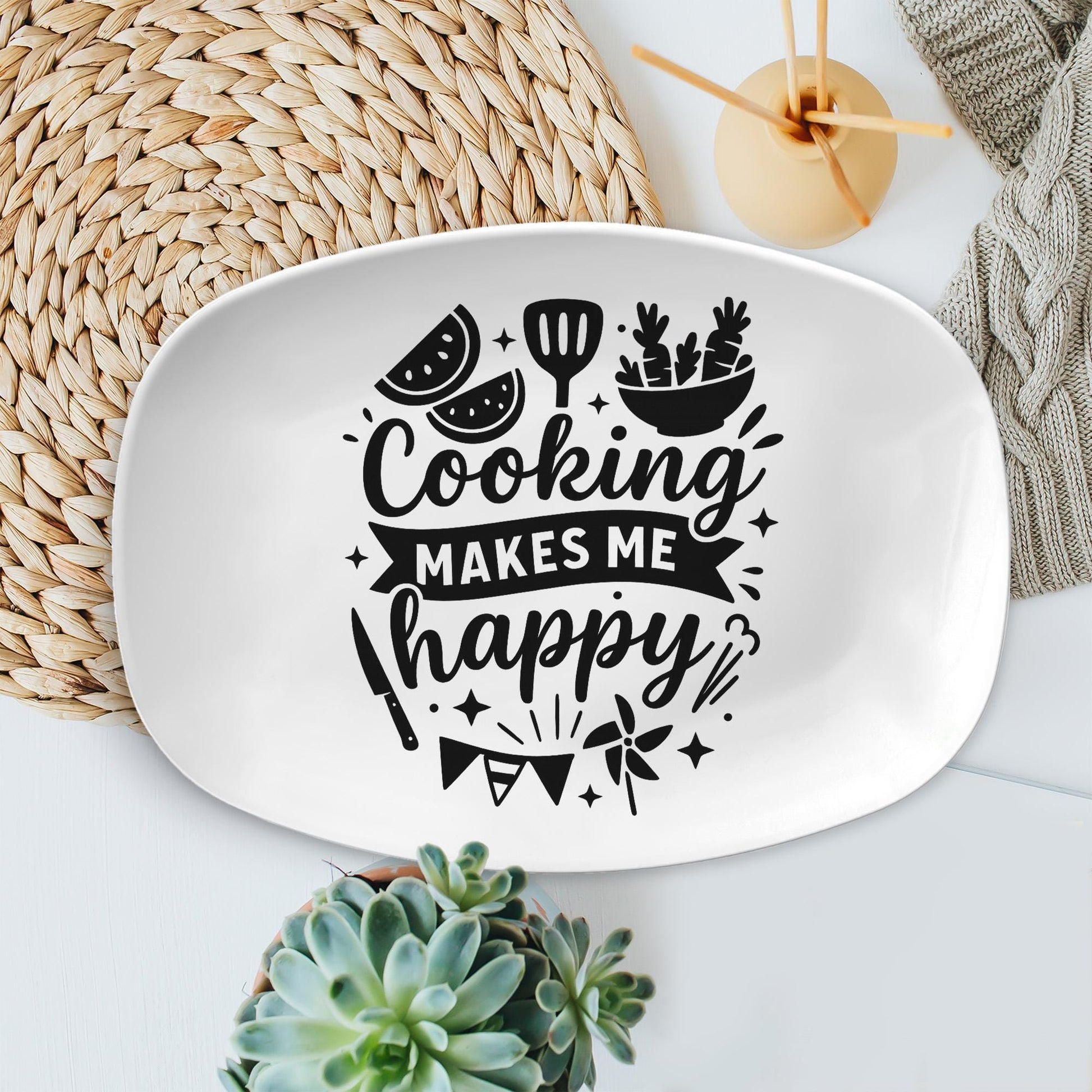 Cooking Makes Me Happy Platter – Funny Kitchen Serveware Tray, Gift for Chefs, Cooks & Food Lovers – Decorative Melamine Plate