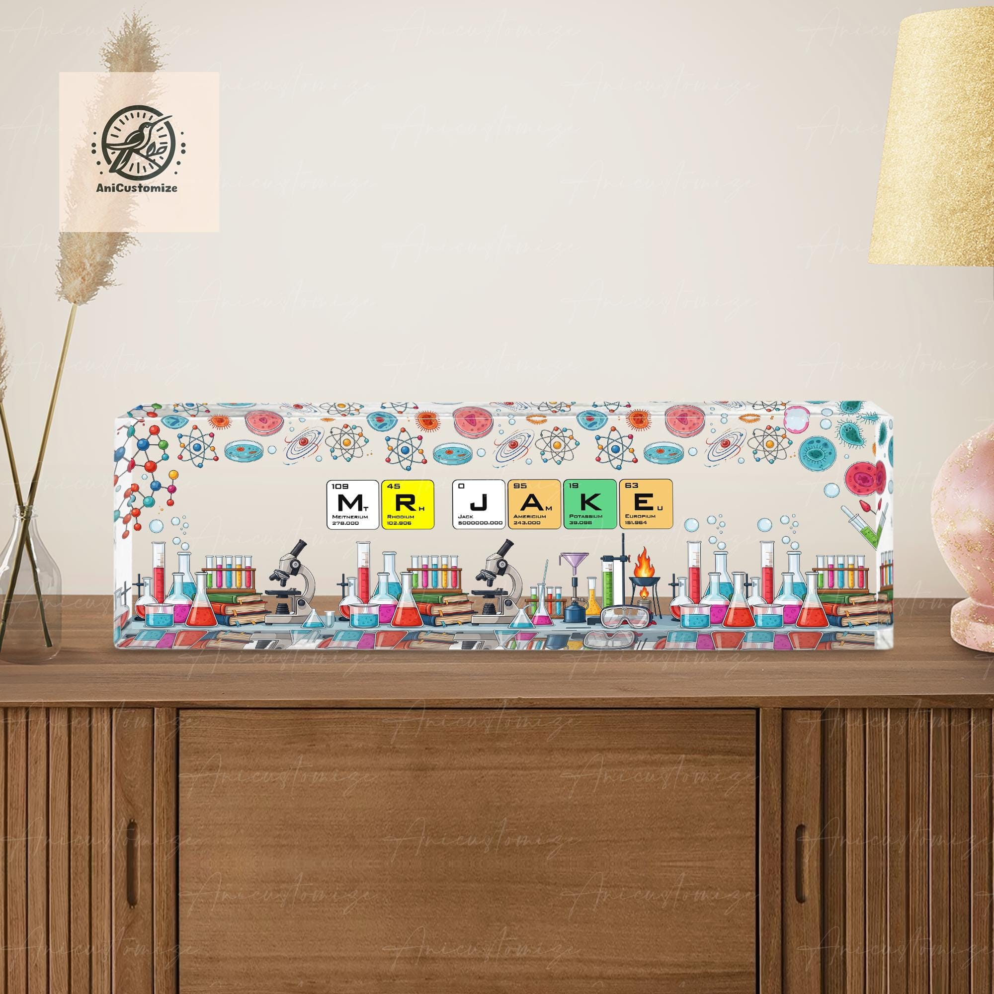 Personalized Science Teacher Name Sign – Periodic Table Chemistry Theme Desk Name Plate – Custom Classroom Lab Decor Gift, Back To School