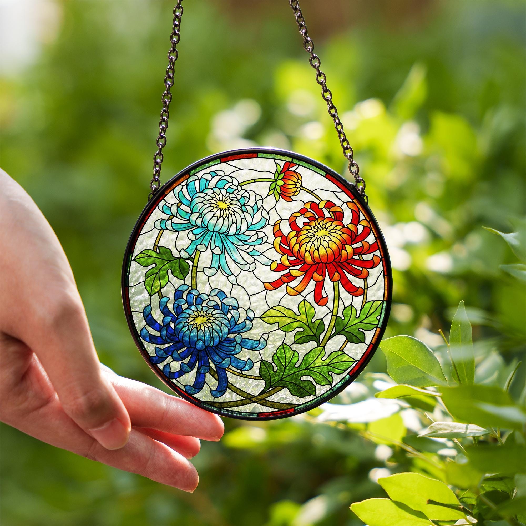 Chrysanthemum Glass Suncatcher, Colorful Floral Window Decor, Autumn Garden Gift, Botanical Sun Catcher for Flower Lovers