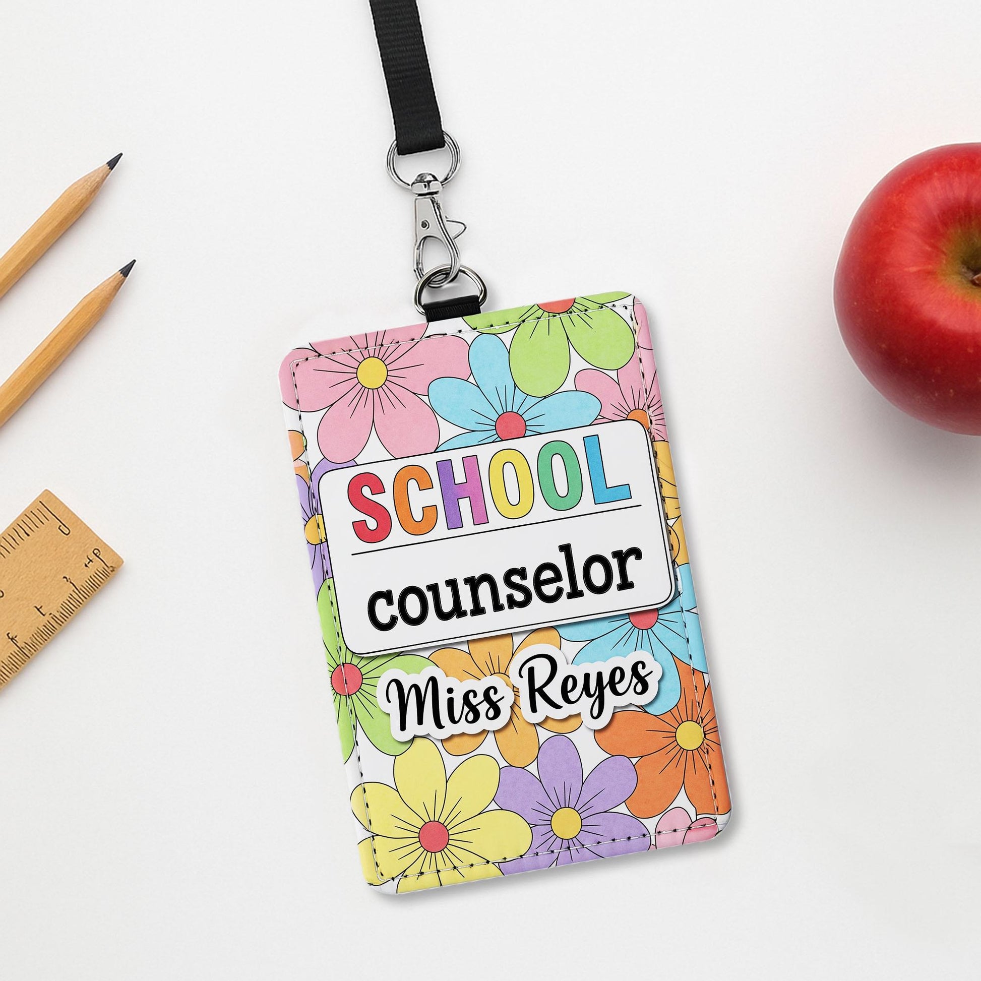 Personalized School Counselor Badge Holder, Custom Floral Name Tag, Cute ID Lanyard, Gift for Counselor, Teacher Office Accessory