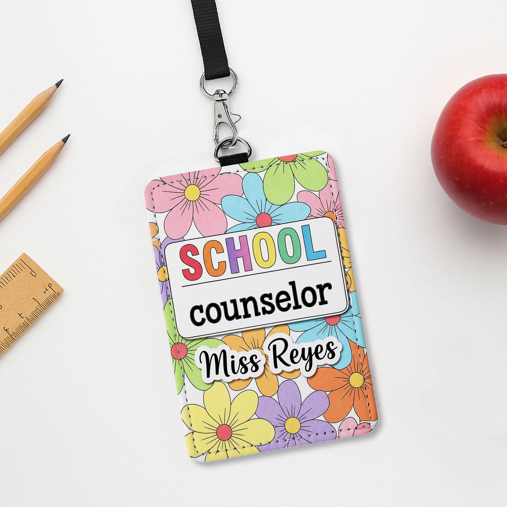 Personalized School Counselor Badge Holder, Custom Floral Name Tag, Cute ID Lanyard, Gift for Counselor, Teacher Office Accessory
