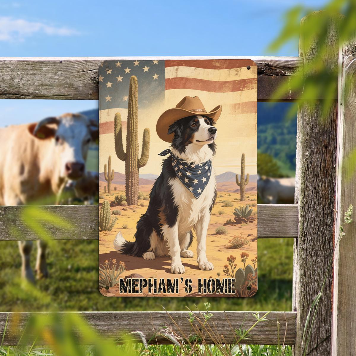 Custom American Flag Border Collie Metal Sign - Western Desert Dog Art, Personalized Cowboy Dog Decor, Ranch Home Wall Art Gift