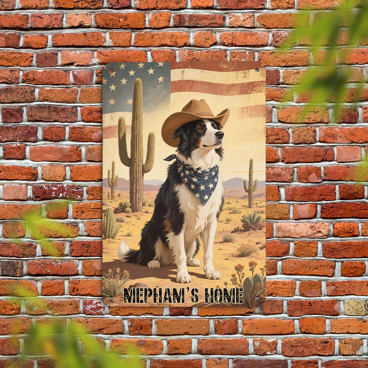 Custom American Flag Border Collie Metal Sign - Western Desert Dog Art, Personalized Cowboy Dog Decor, Ranch Home Wall Art Gift