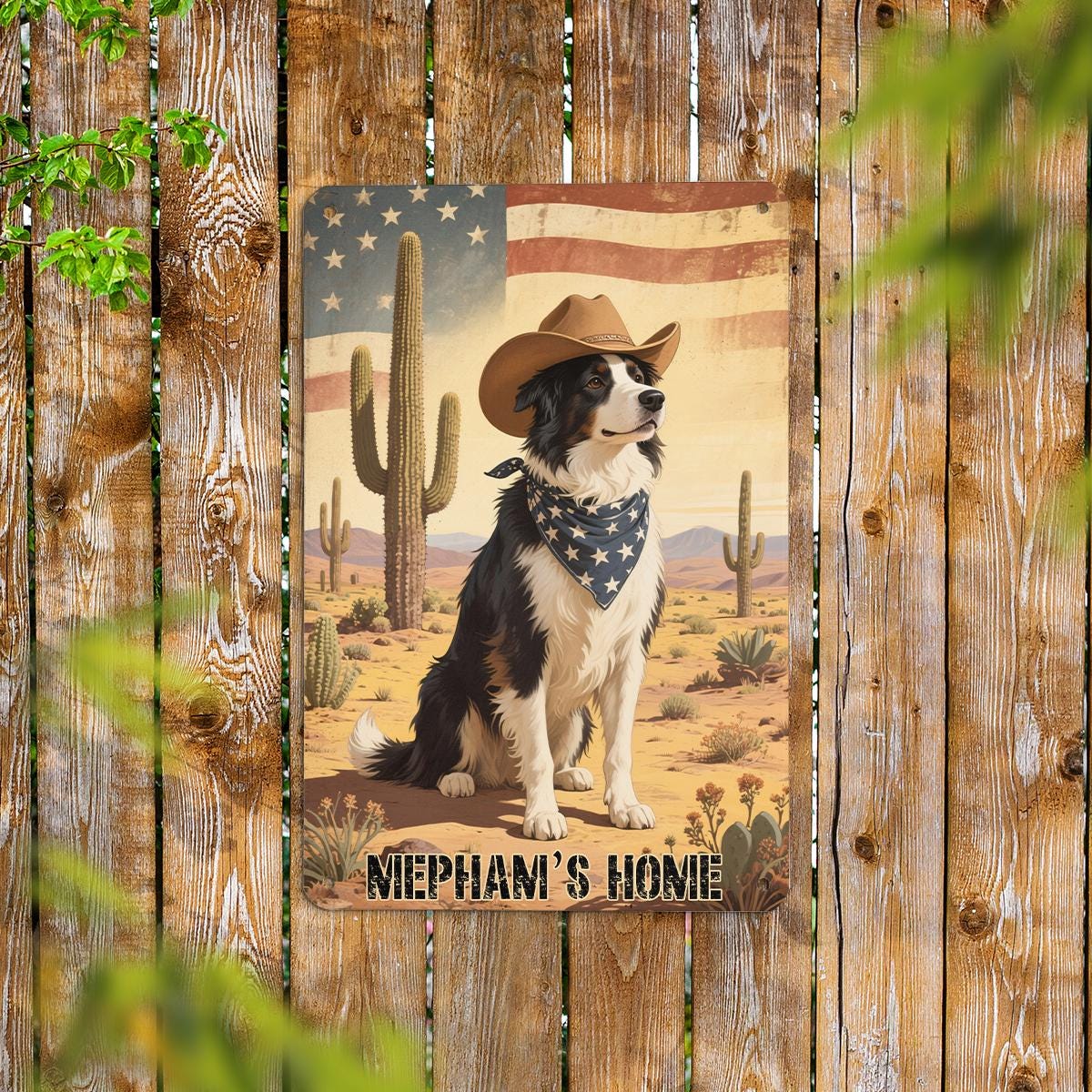 Custom American Flag Border Collie Metal Sign - Western Desert Dog Art, Personalized Cowboy Dog Decor, Ranch Home Wall Art Gift