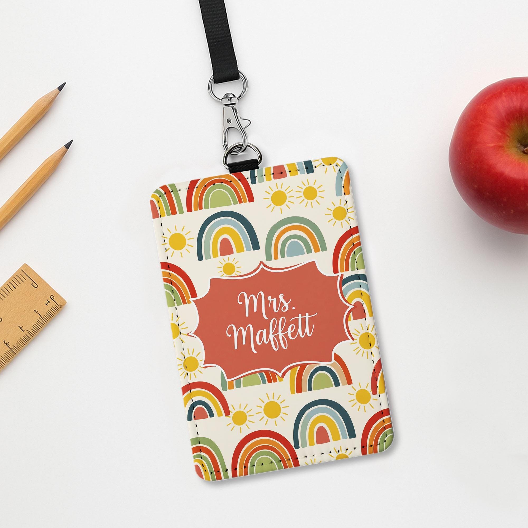 Personalized Rainbow Badge Holder, Custom Teacher Name Tag Lanyard, Cute Classroom ID, Back to School Gift, Teacher School Accessory