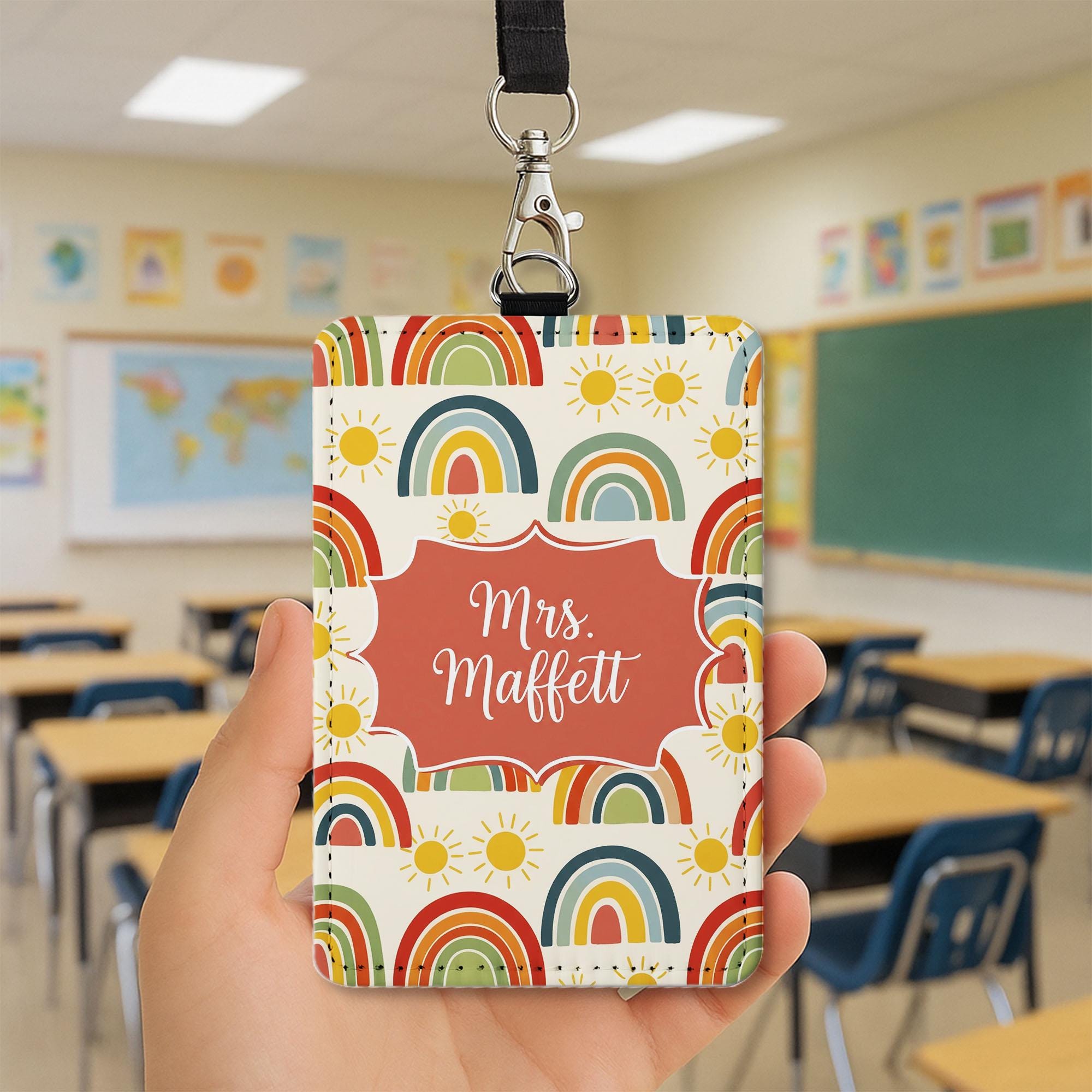Personalized Rainbow Badge Holder, Custom Teacher Name Tag Lanyard, Cute Classroom ID, Back to School Gift, Teacher School Accessory
