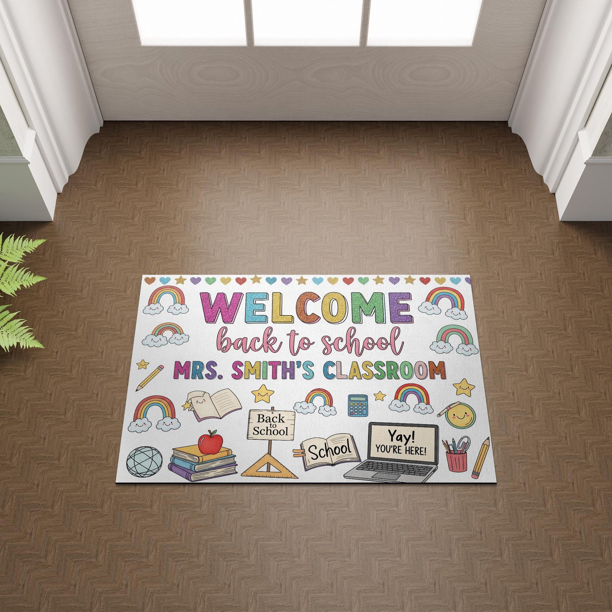 Custom Classroom Welcome Doormat, Back to School Rug, Teacher Name Door Mat, Rainbow School Decor, Personalized Teacher Gift