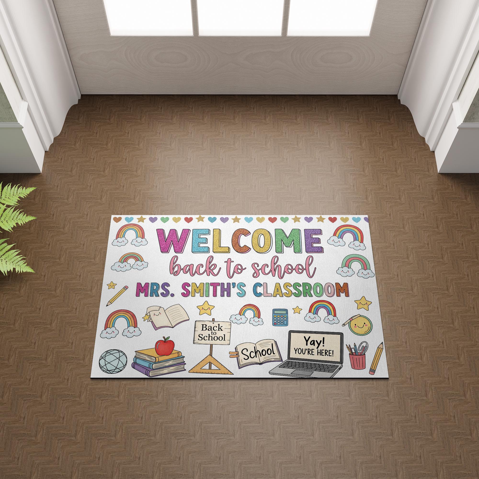 Custom Classroom Welcome Doormat, Back to School Rug, Teacher Name Door Mat, Rainbow School Decor, Personalized Teacher Gift