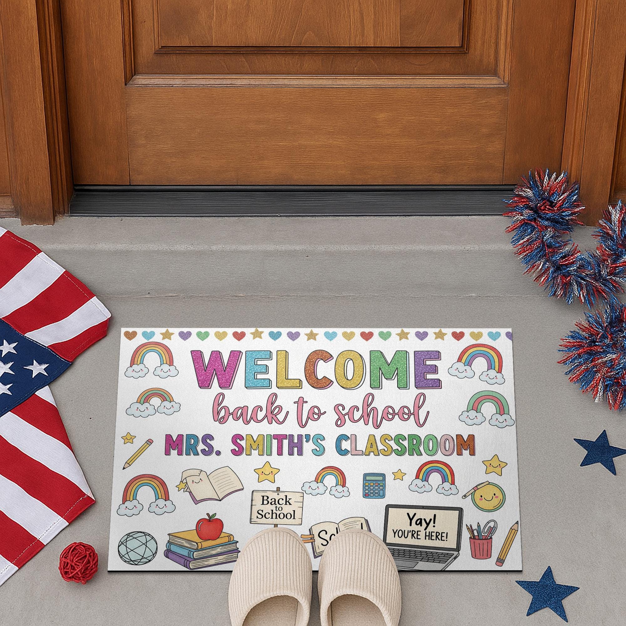 Custom Classroom Welcome Doormat, Back to School Rug, Teacher Name Door Mat, Rainbow School Decor, Personalized Teacher Gift