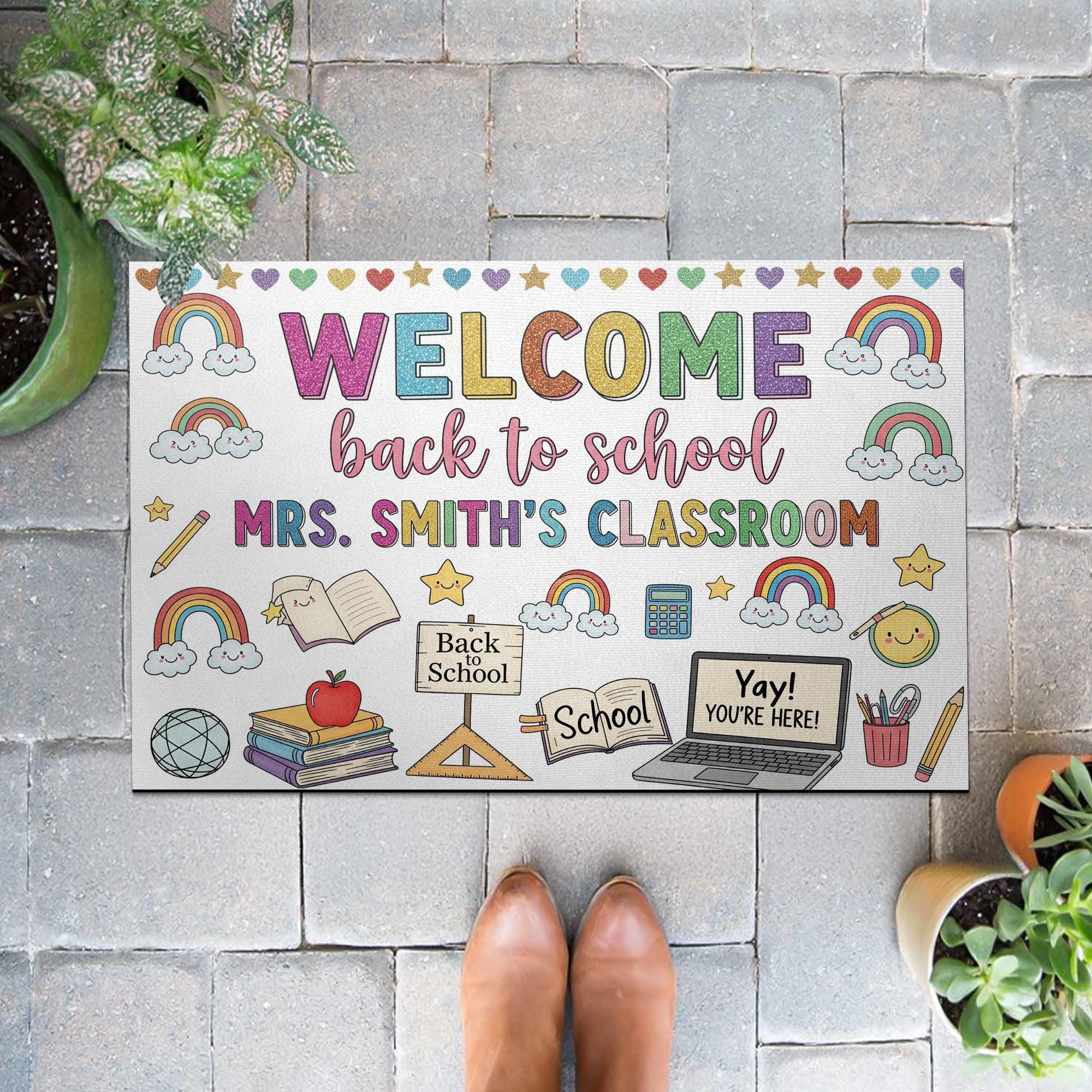Custom Classroom Welcome Doormat, Back to School Rug, Teacher Name Door Mat, Rainbow School Decor, Personalized Teacher Gift