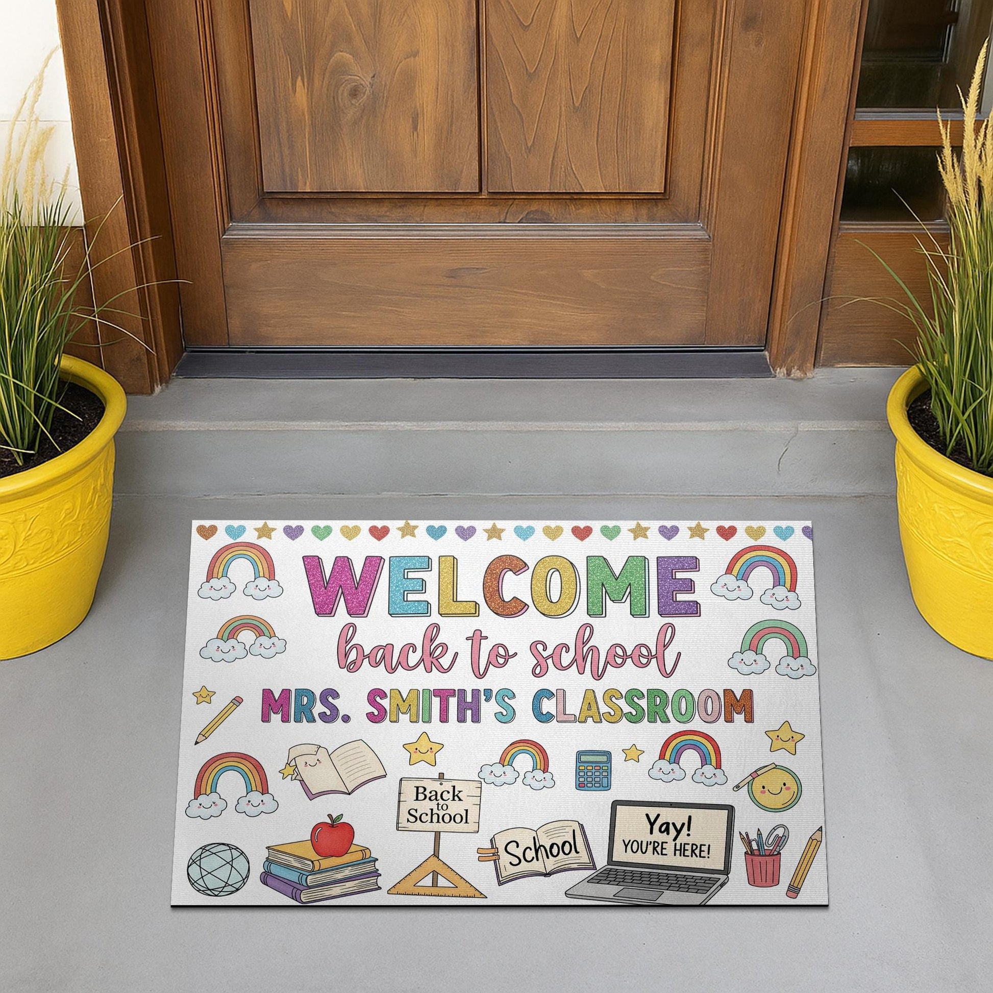 Custom Classroom Welcome Doormat, Back to School Rug, Teacher Name Door Mat, Rainbow School Decor, Personalized Teacher Gift