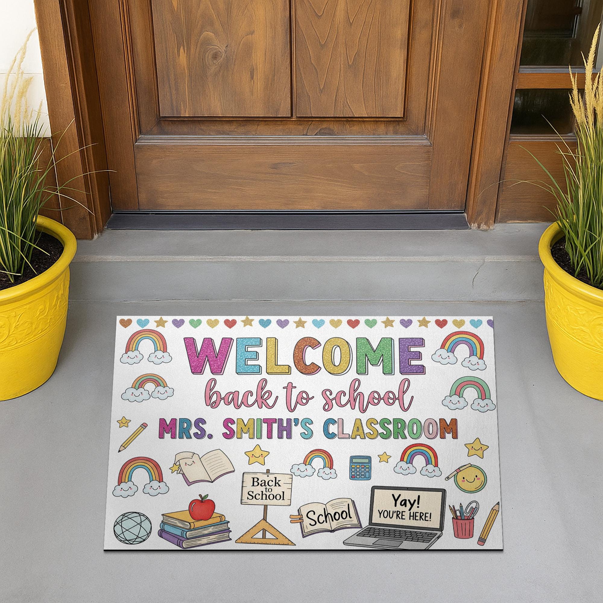Custom Classroom Welcome Doormat, Back to School Rug, Teacher Name Door Mat, Rainbow School Decor, Personalized Teacher Gift