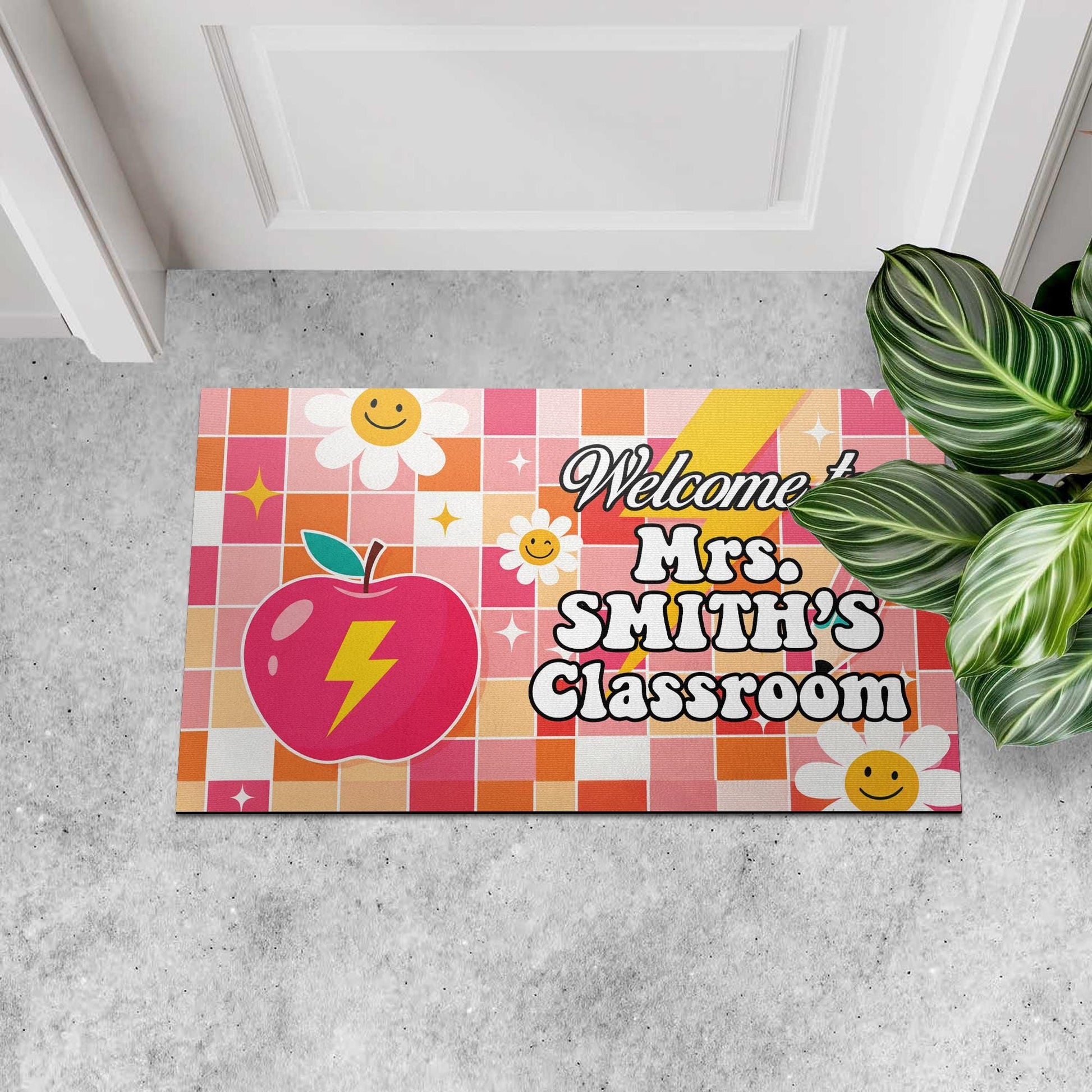 Personalized Classroom Welcome Mat – Custom Teacher Doormat with Name, Cute Apple, Pencil Design for School or Door Decor, Disco Ball Decor