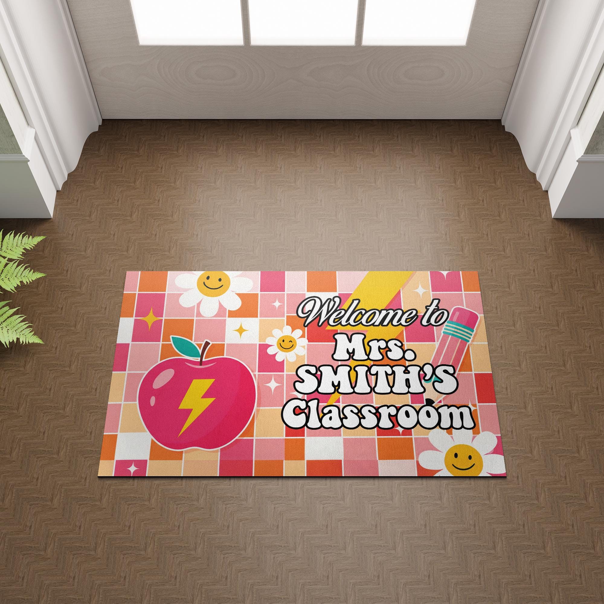 Personalized Classroom Welcome Mat – Custom Teacher Doormat with Name, Cute Apple, Pencil Design for School or Door Decor, Disco Ball Decor