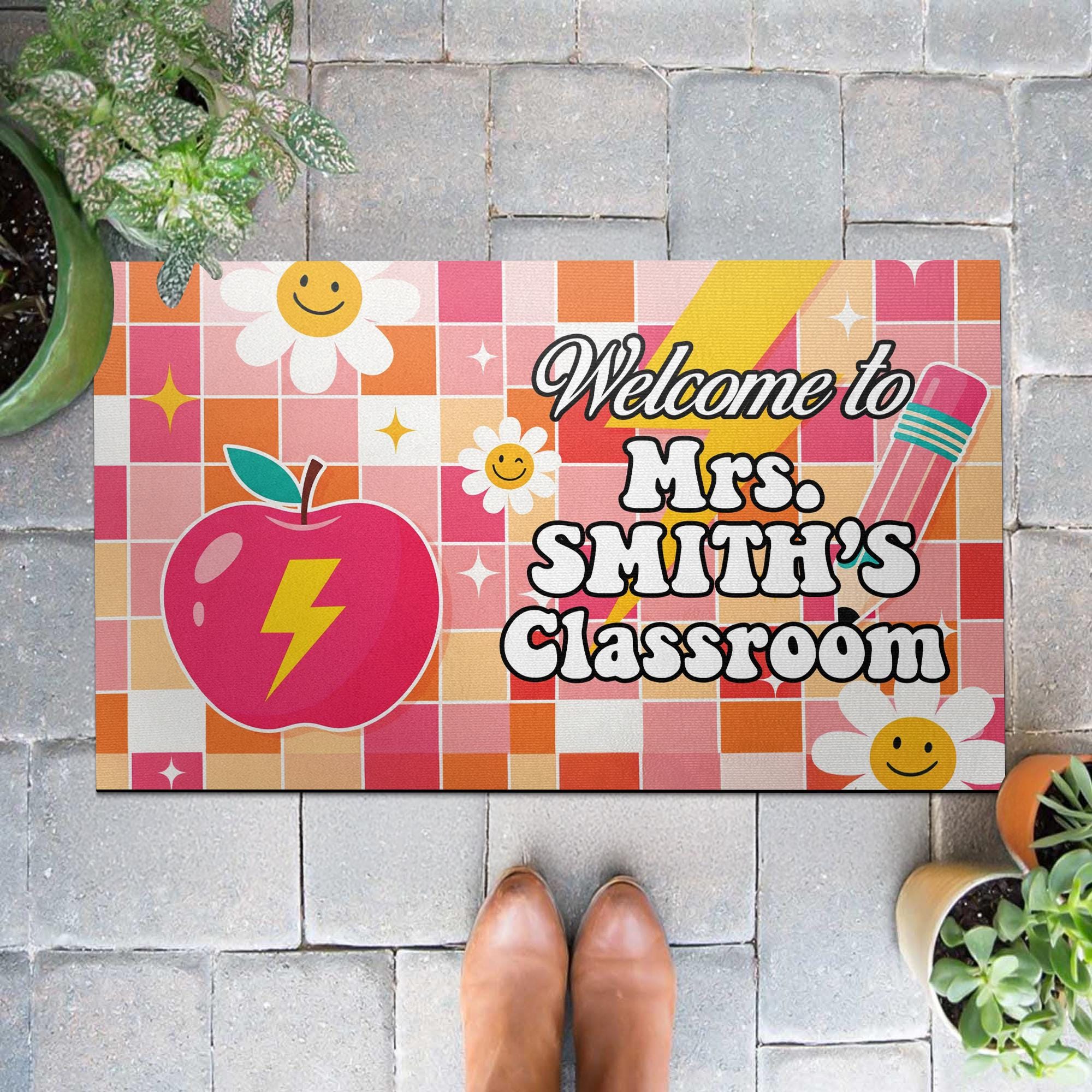 Personalized Classroom Welcome Mat – Custom Teacher Doormat with Name, Cute Apple, Pencil Design for School or Door Decor, Disco Ball Decor