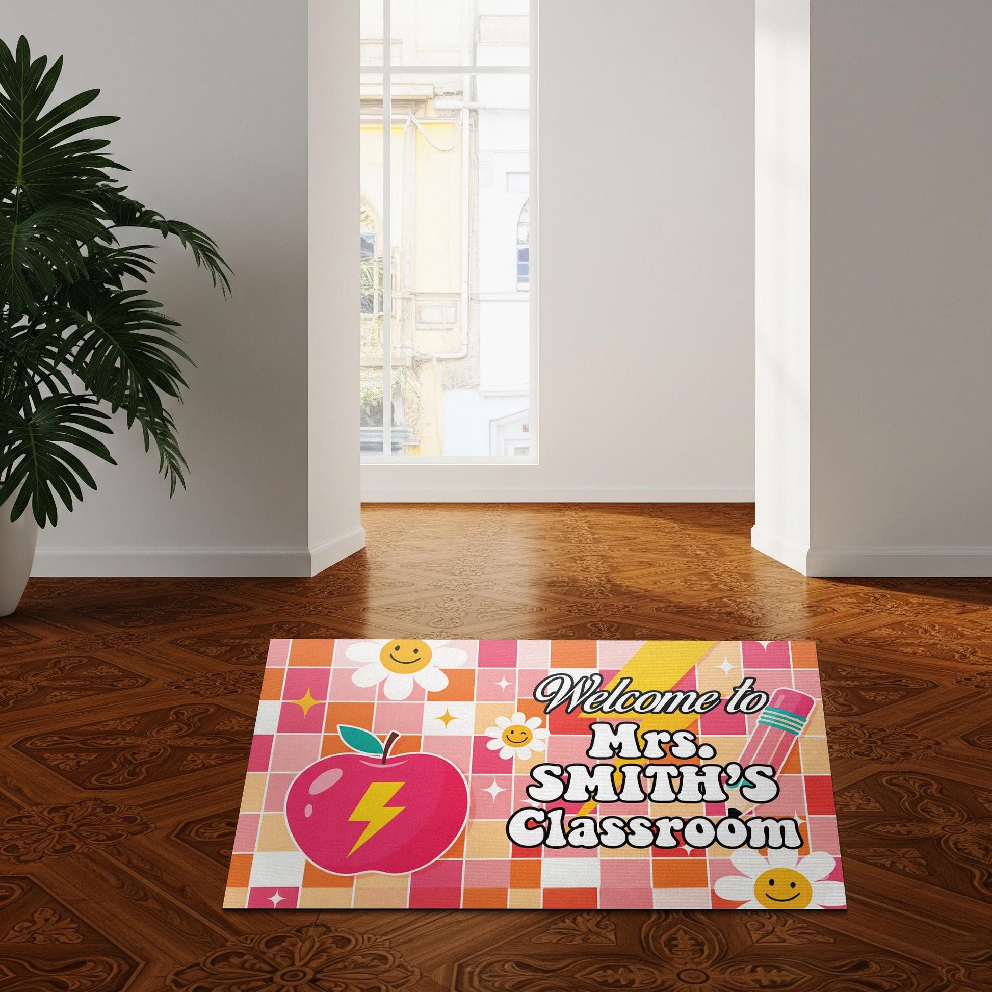 Personalized Classroom Welcome Mat – Custom Teacher Doormat with Name, Cute Apple, Pencil Design for School or Door Decor, Disco Ball Decor