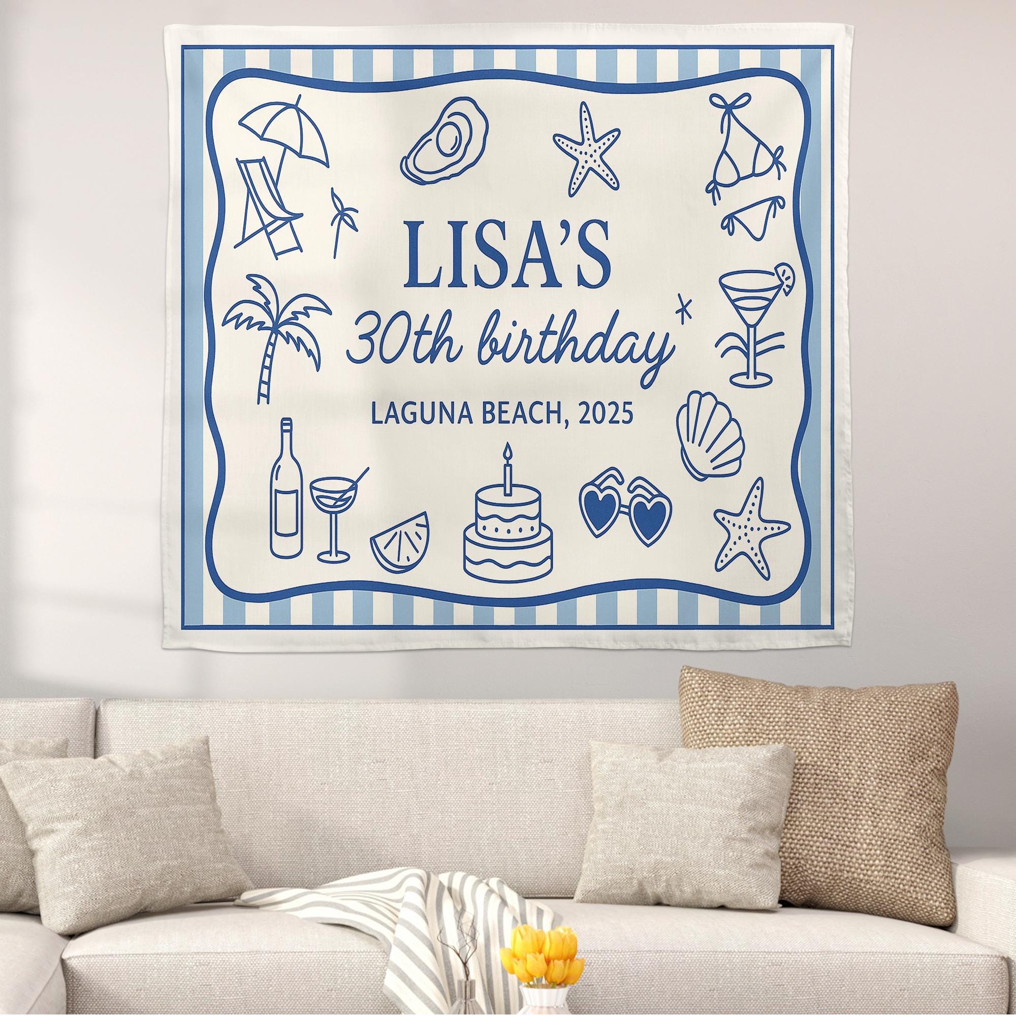 Custom Birthday Tapestry, Summer Beach Party Banner, Personalized Name Sign, th Birthday Decor, Laguna Beach Themed Backdrop