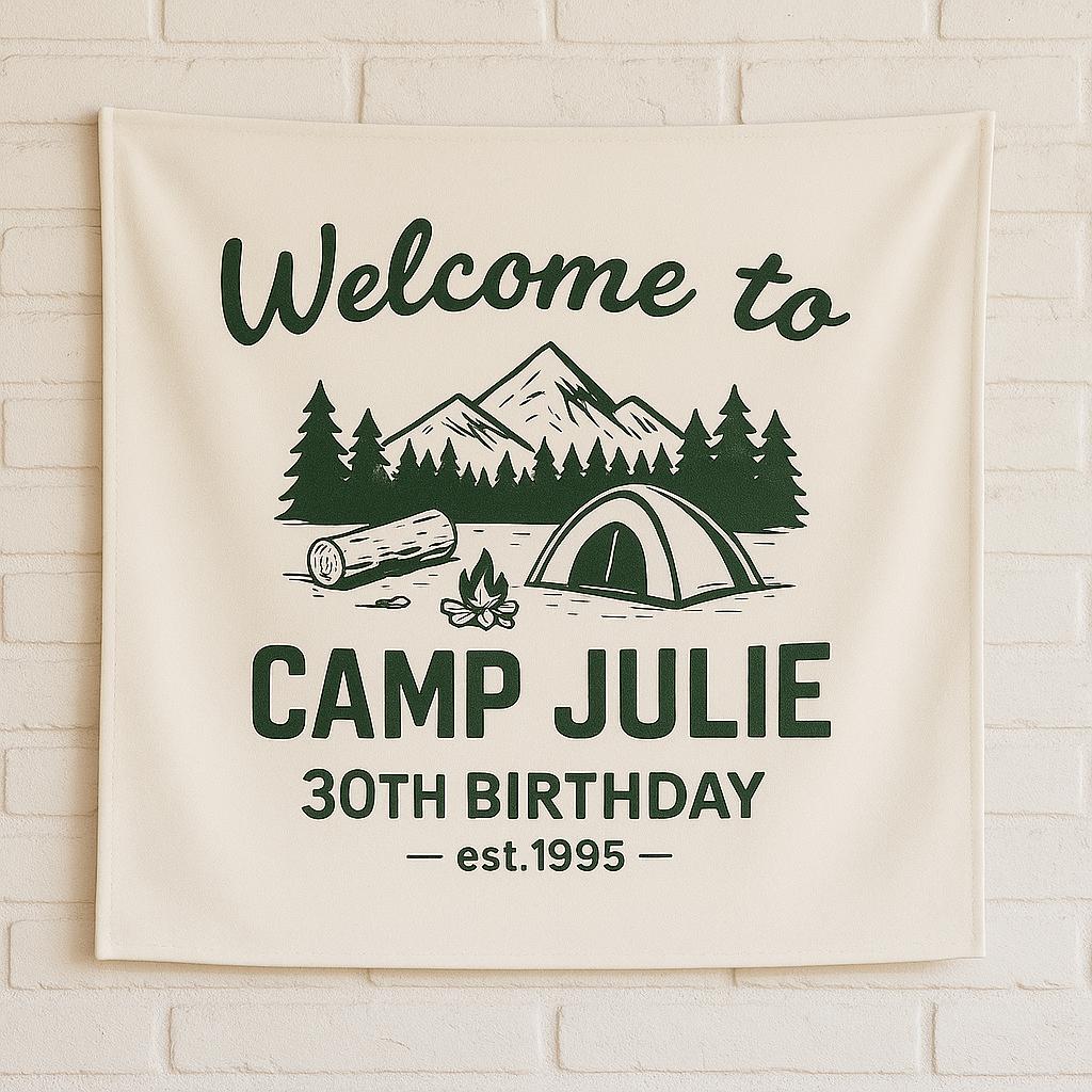 Custom Camp Birthday Tapestry, Camping Party Tapestry, Welcome to Camp Name Sign, Outdoor Birthday Decor, Rustic Tent Theme Backdrop