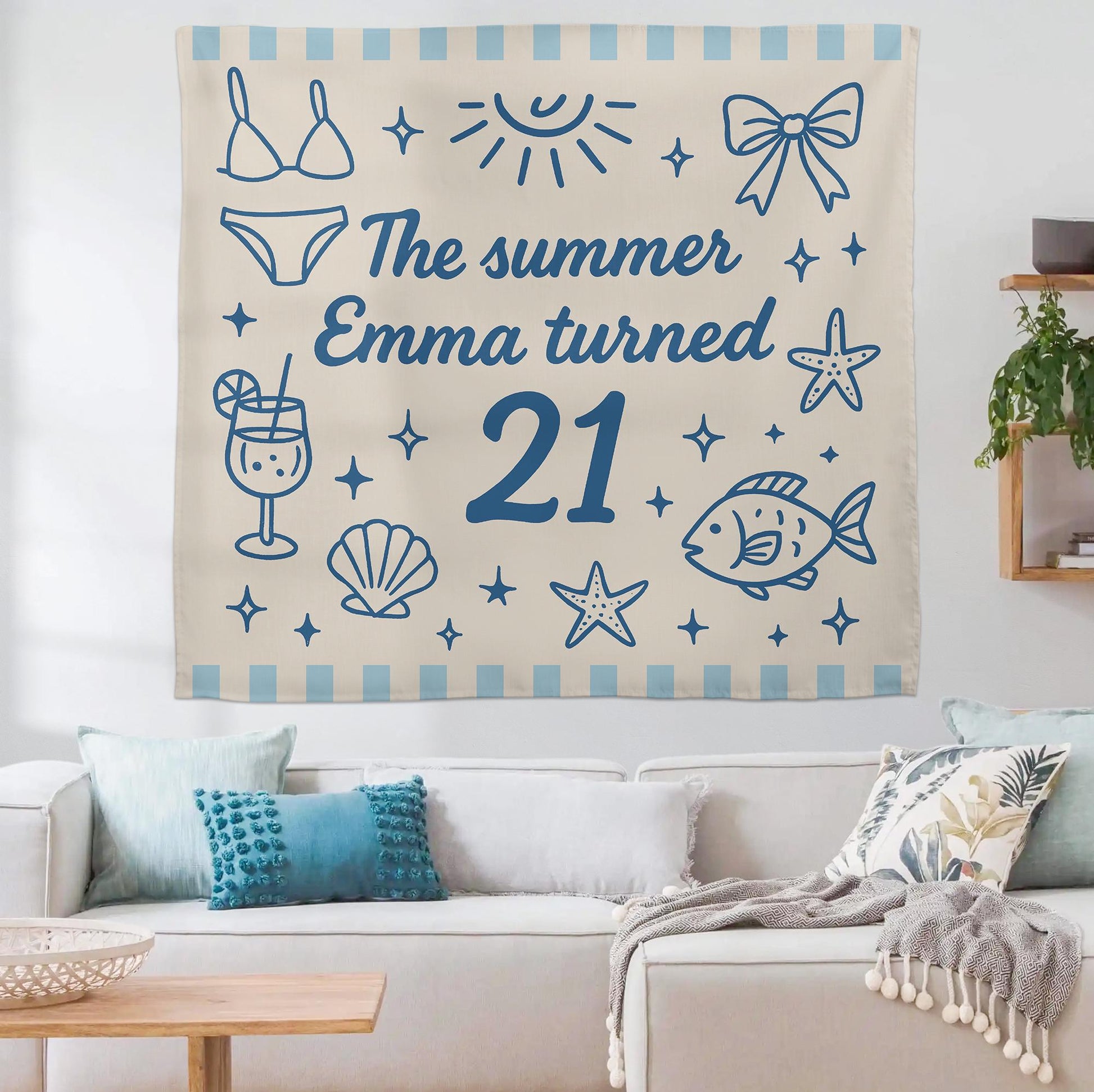 Custom Birthday Tapestry, Summer Beach Party Backdrop, Personalized Name Banner, Fun Bikini and Ocean Themed Wall Decor