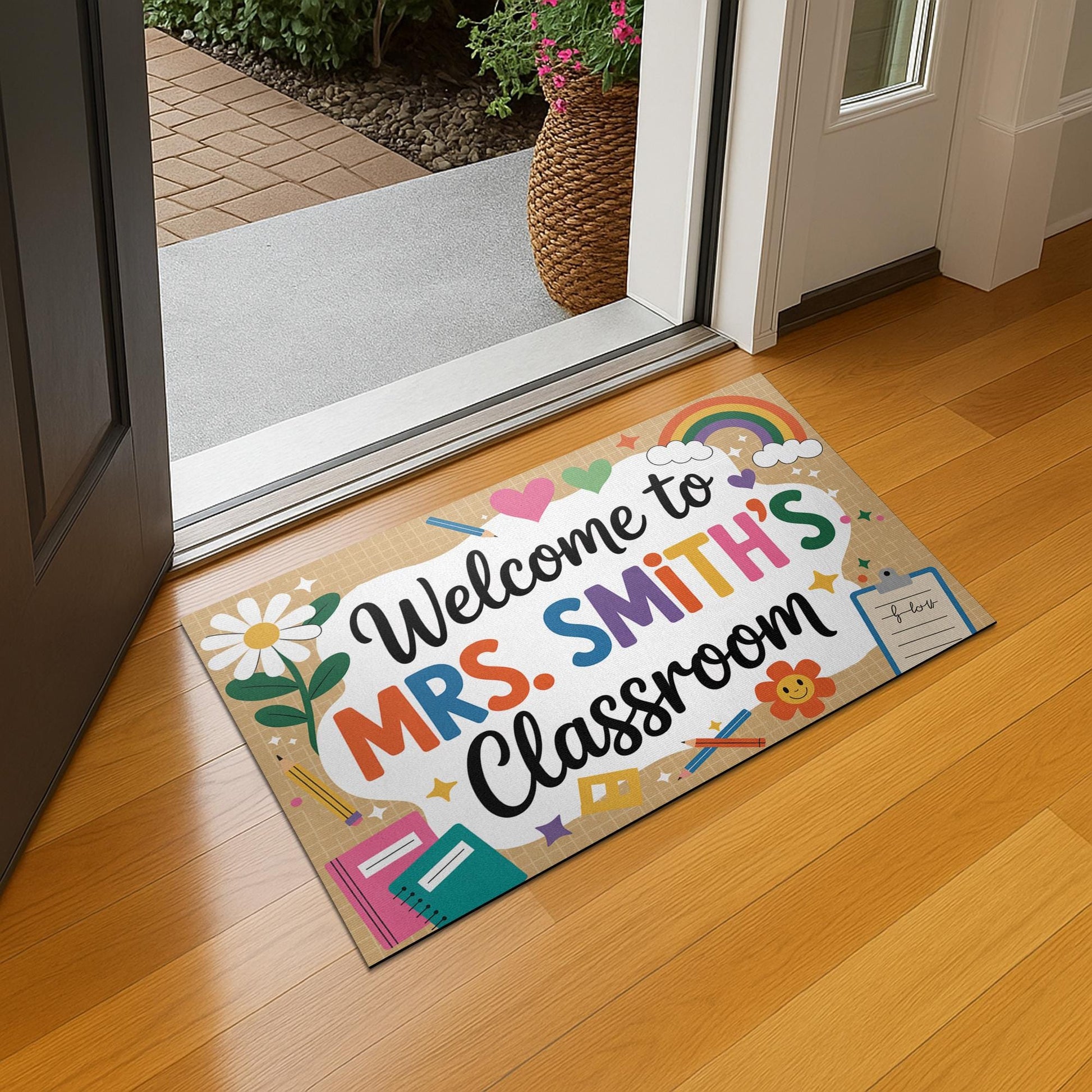 Personalized Classroom Welcome Mat, Colorful Teacher Doormat with Name, Hearts, Rainbow Design, Cute School Entry Decor Gift, Back To School