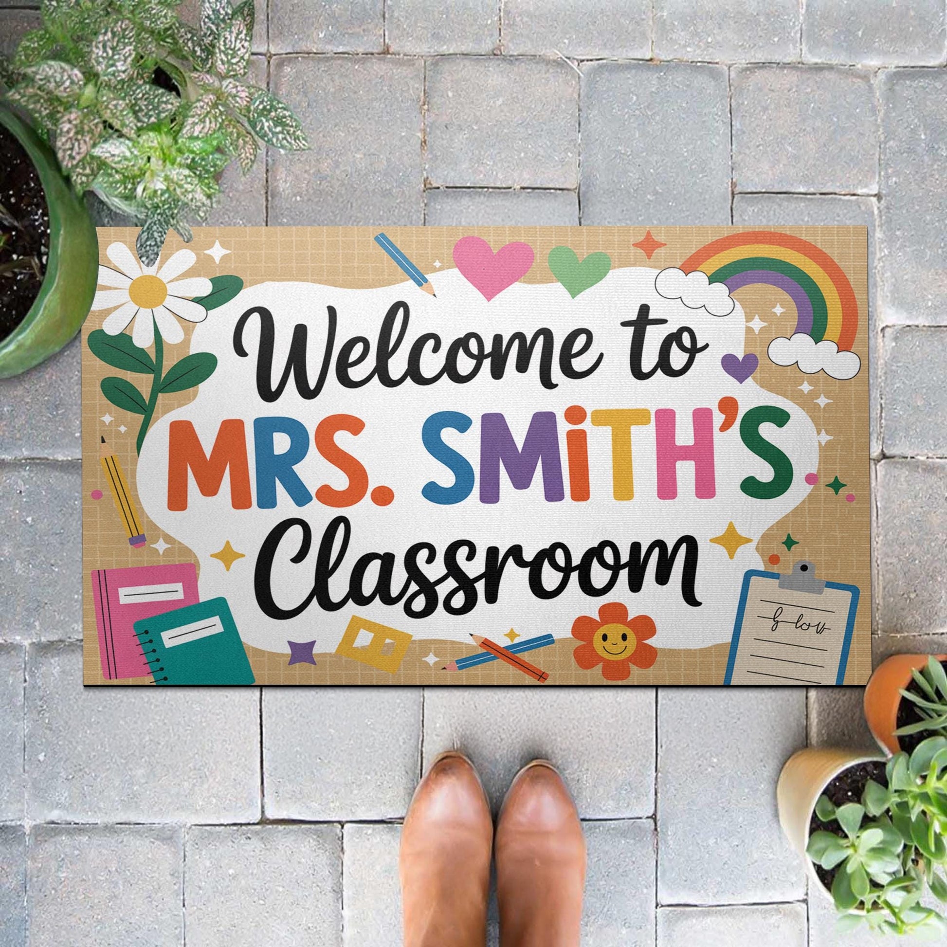 Personalized Classroom Welcome Mat, Colorful Teacher Doormat with Name, Hearts, Rainbow Design, Cute School Entry Decor Gift, Back To School