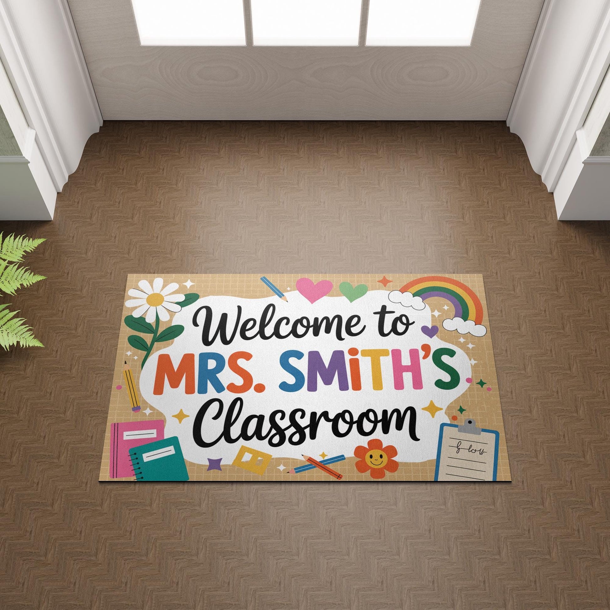Personalized Classroom Welcome Mat, Colorful Teacher Doormat with Name, Hearts, Rainbow Design, Cute School Entry Decor Gift, Back To School
