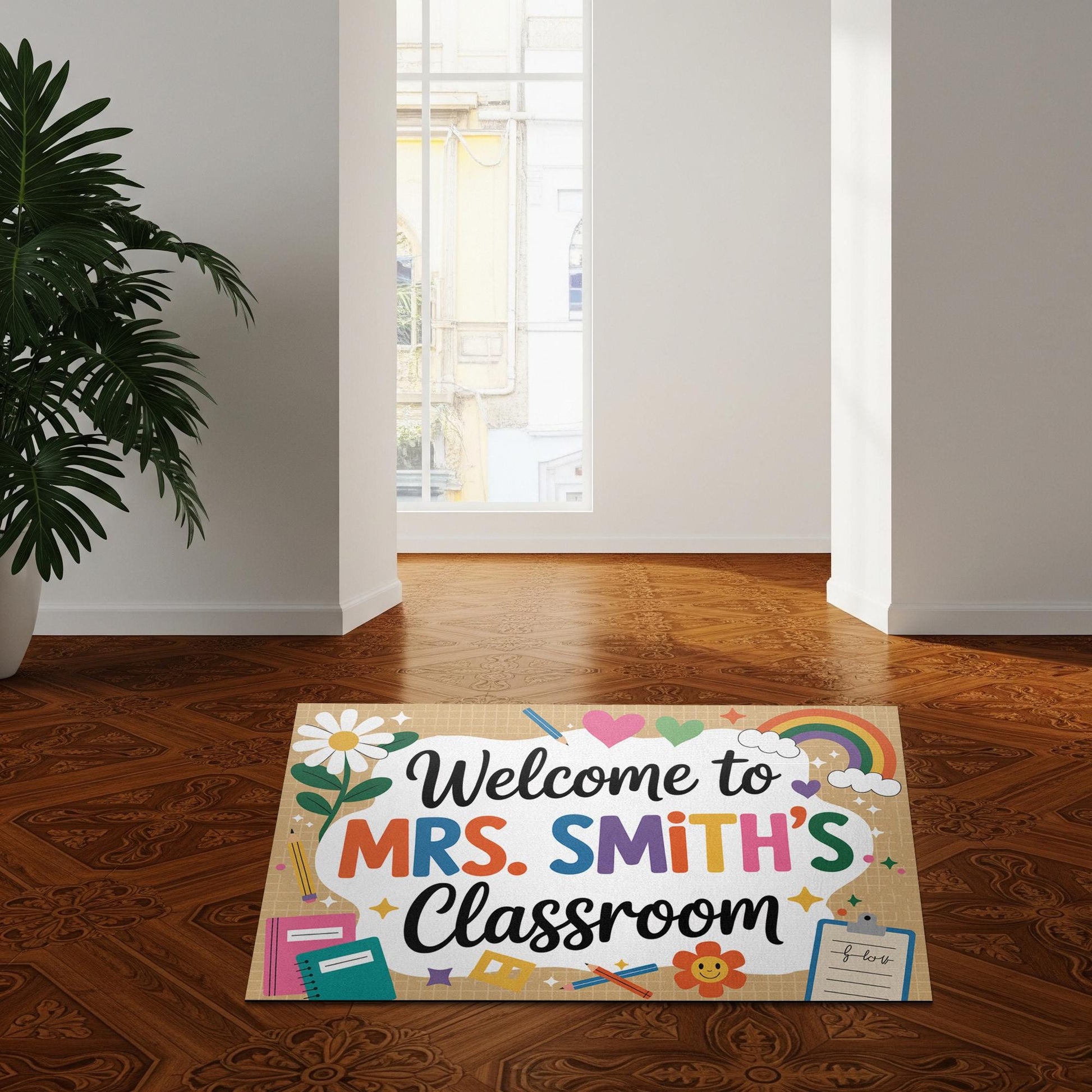 Personalized Classroom Welcome Mat, Colorful Teacher Doormat with Name, Hearts, Rainbow Design, Cute School Entry Decor Gift, Back To School