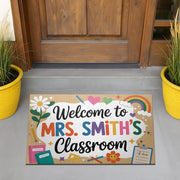 Personalized Classroom Welcome Mat, Colorful Teacher Doormat with Name, Hearts, Rainbow Design, Cute School Entry Decor Gift, Back To School