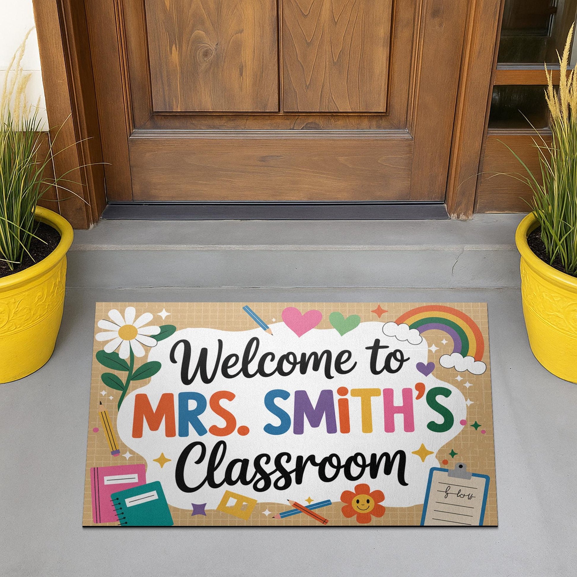 Personalized Classroom Welcome Mat, Colorful Teacher Doormat with Name, Hearts, Rainbow Design, Cute School Entry Decor Gift, Back To School