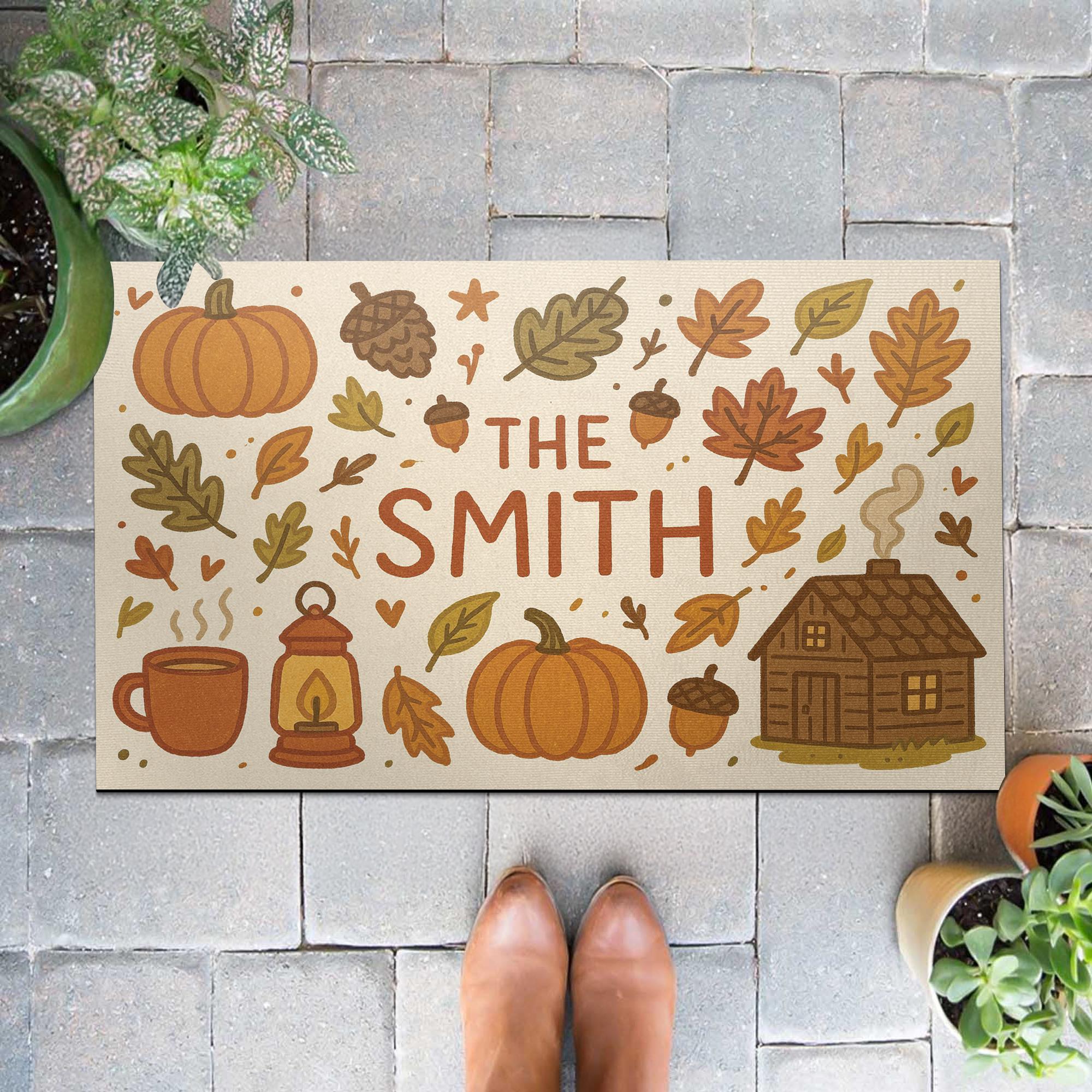 Custom Fall Doormat, Personalized Autumn Welcome Mat with Family Name, Pumpkin and Cabin Decor, Rustic Front Porch Mat