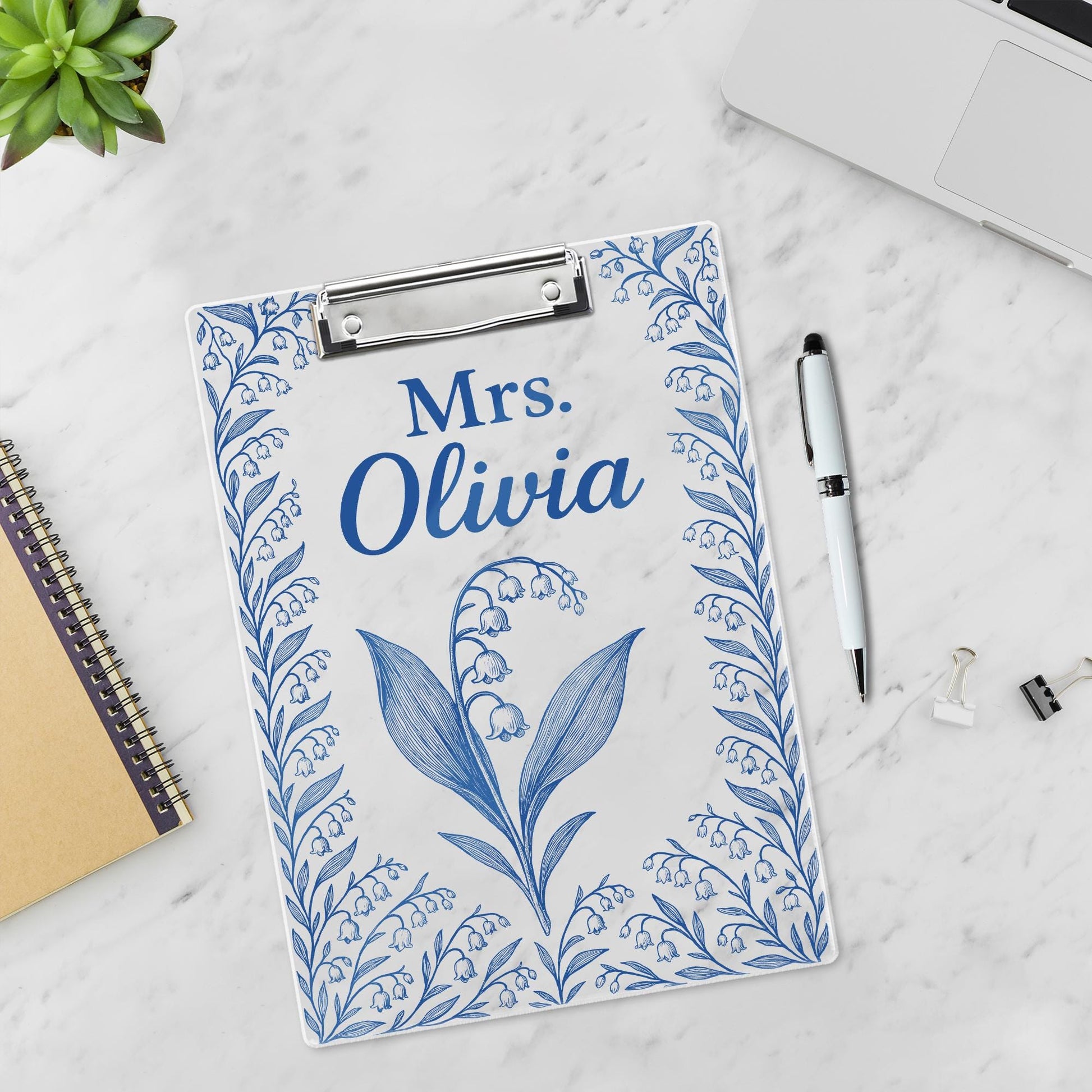 Personalized Clipboard for Teacher - Blue Chinoiserie Birth Flower Design - Custom Name Acrylic Clipboard - Floral Gift for Nurse, Educator
