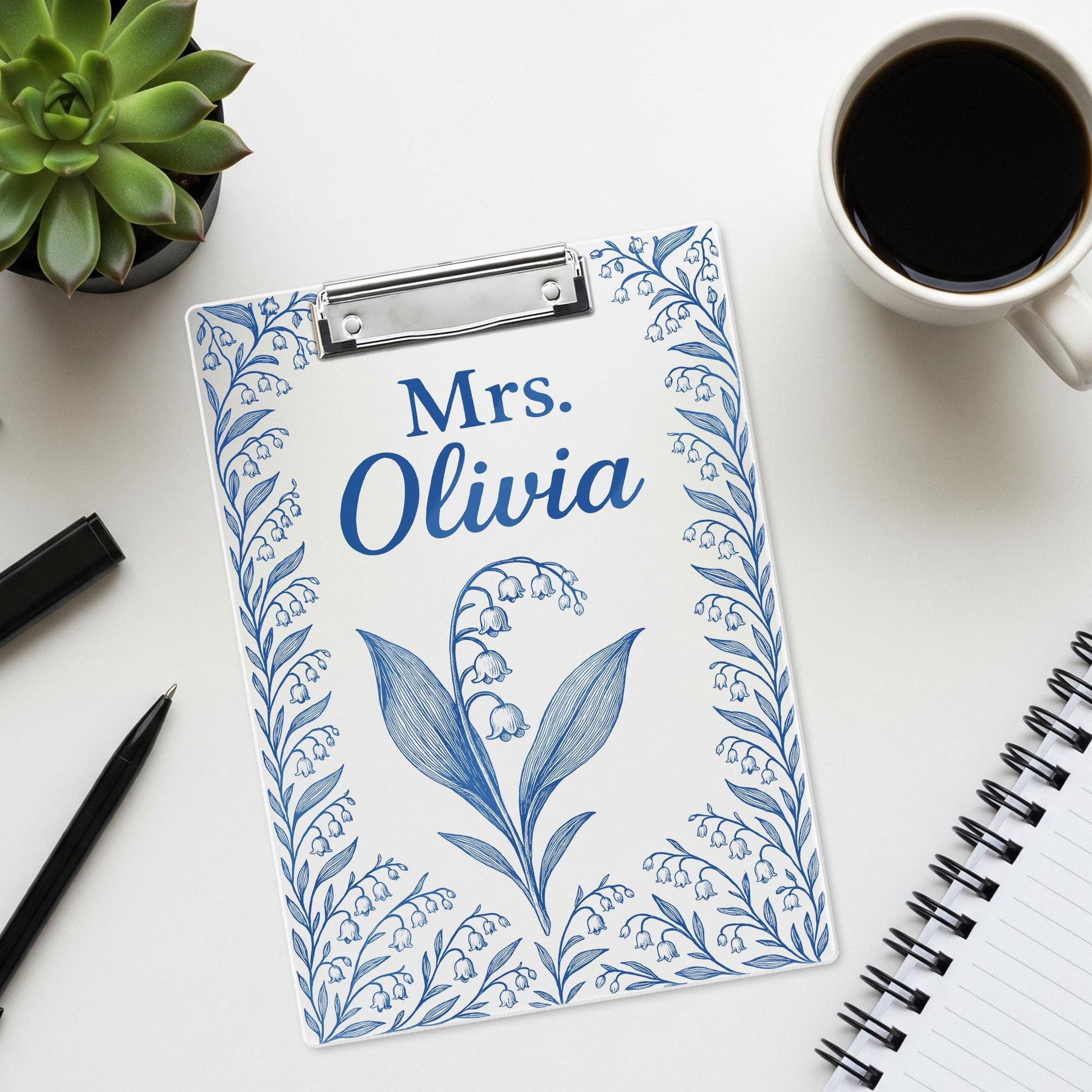 Personalized Clipboard for Teacher - Blue Chinoiserie Birth Flower Design - Custom Name Acrylic Clipboard - Floral Gift for Nurse, Educator