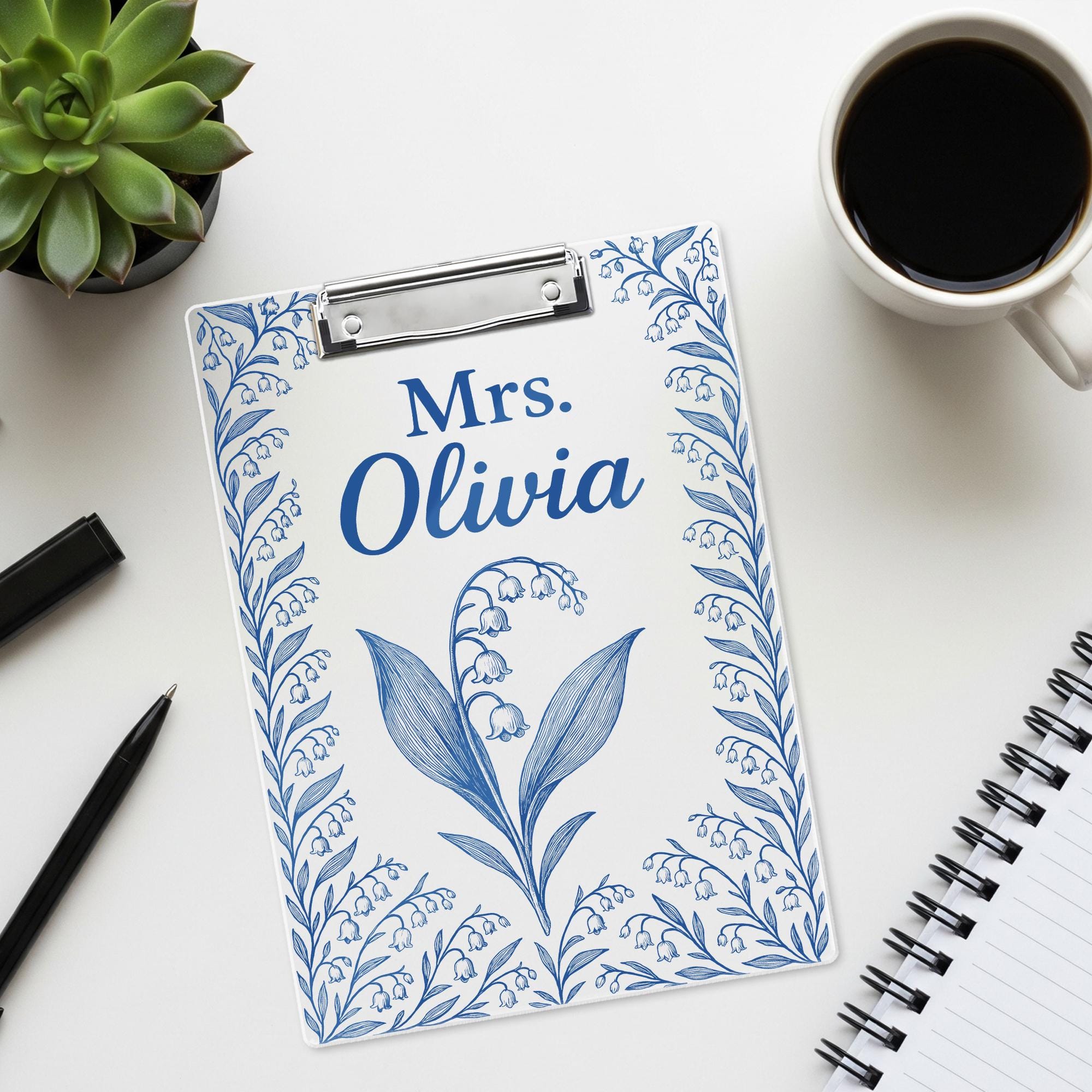 Personalized Clipboard for Teacher - Blue Chinoiserie Birth Flower Design - Custom Name Acrylic Clipboard - Floral Gift for Nurse, Educator