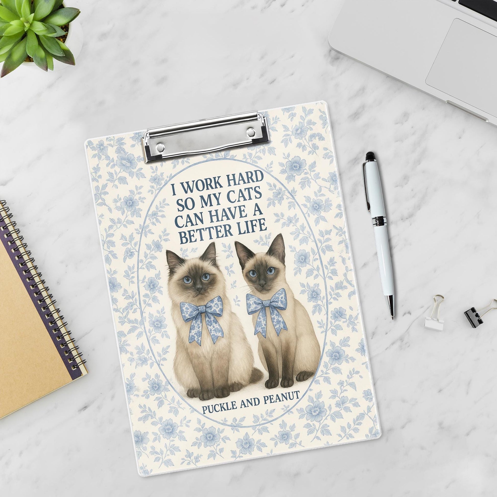 Custom Cat Clipboard - Floral Teacher Gift - Blue Chinoiserie Office Decor - Personalized Cat Lover Clipboard - Nurse Gift- Cat Mom Gift