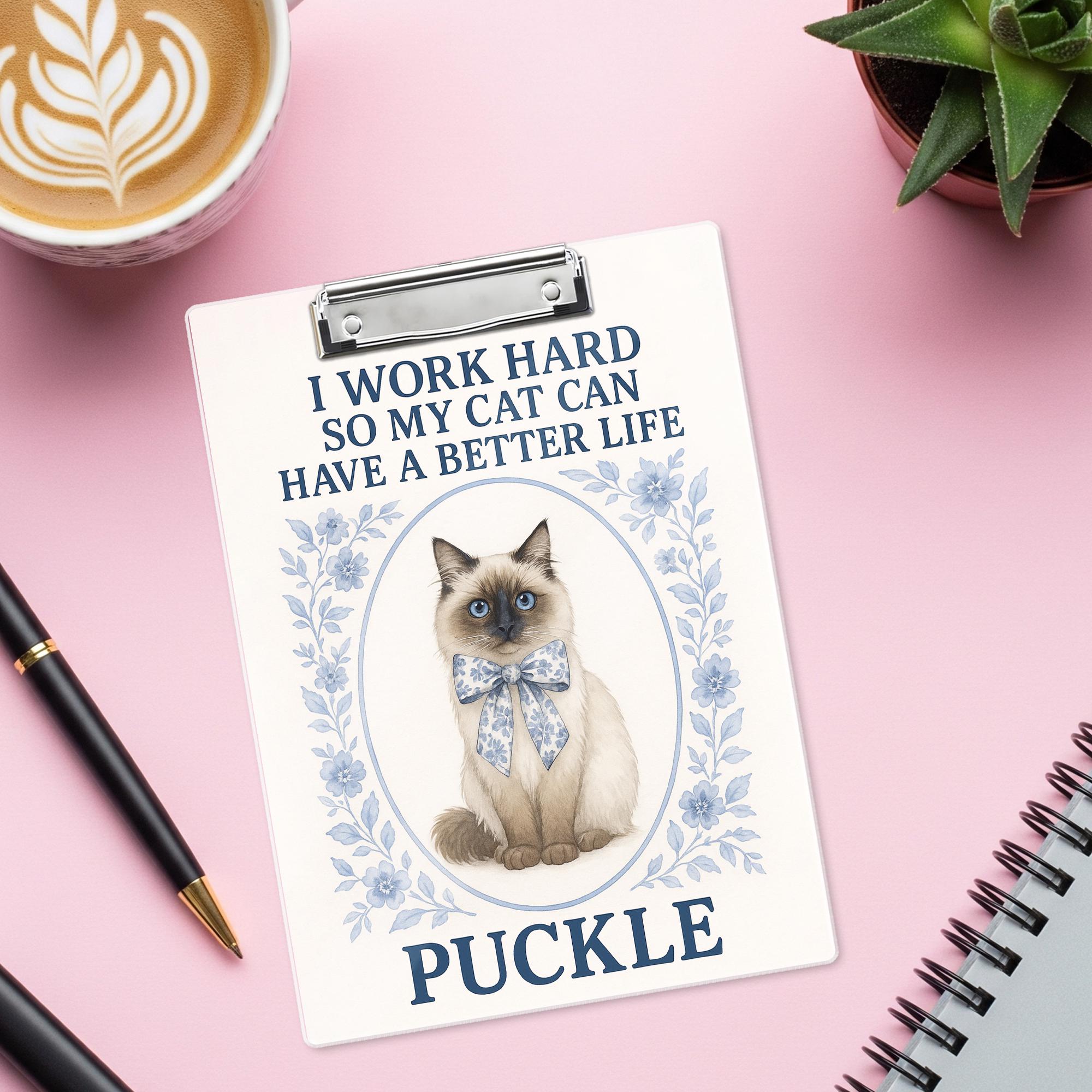 Custom Cat Clipboard - Floral Teacher Gift - Blue Chinoiserie Office Decor - Personalized Cat Lover Clipboard - Nurse Gift- Cat Mom Gift