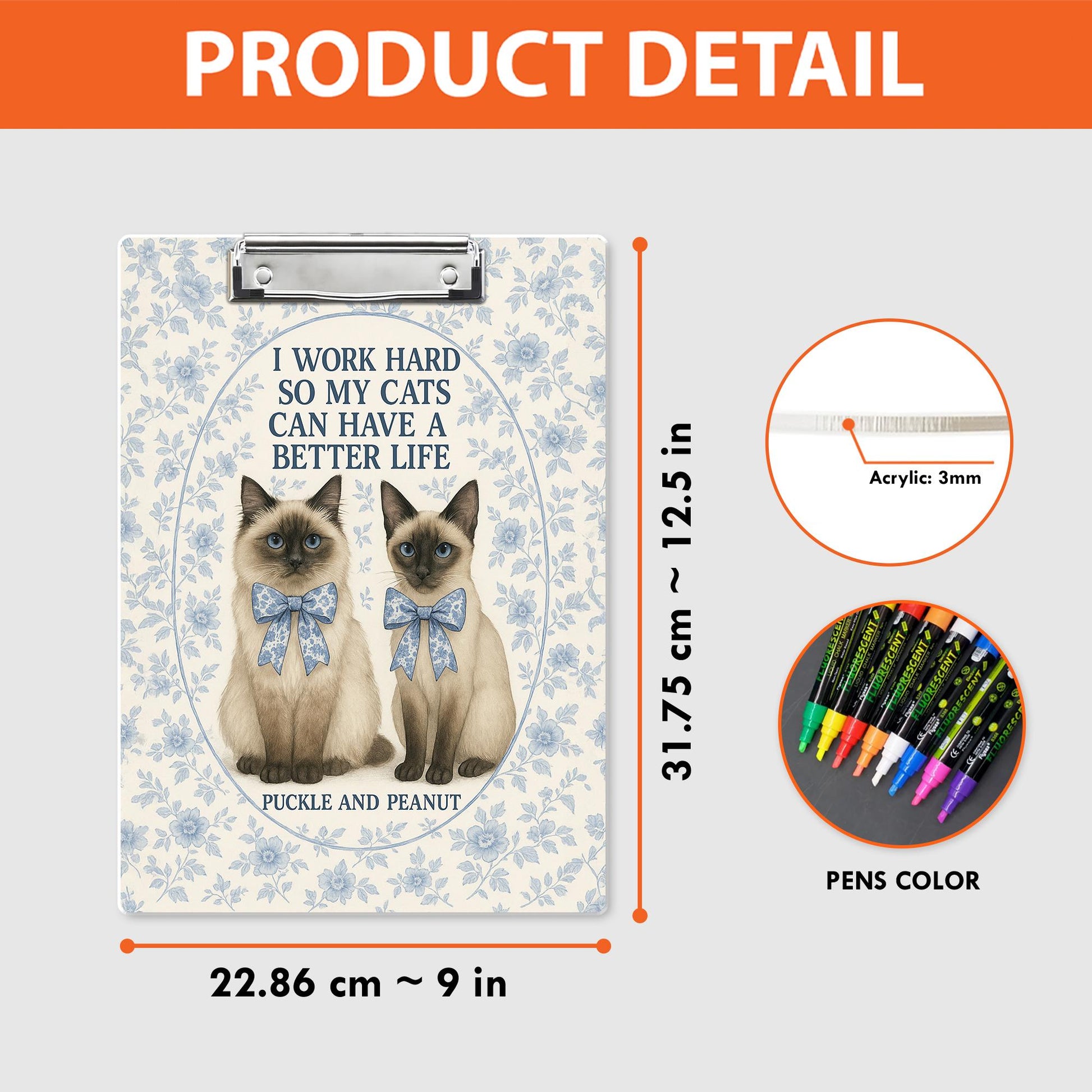 Custom Cat Clipboard - Floral Teacher Gift - Blue Chinoiserie Office Decor - Personalized Cat Lover Clipboard - Nurse Gift- Cat Mom Gift