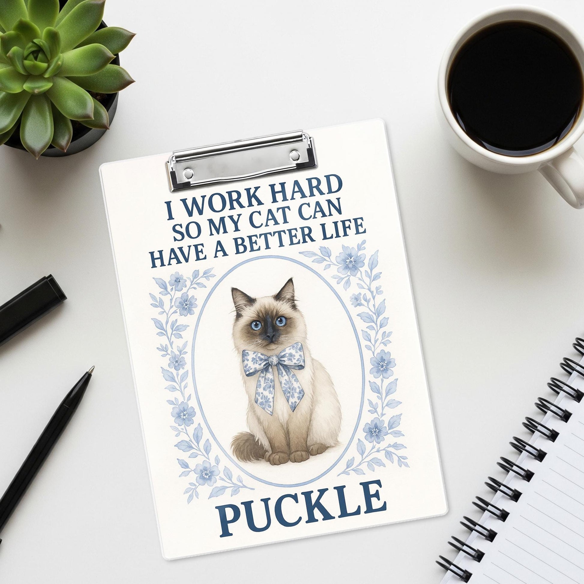 Custom Cat Clipboard - Floral Teacher Gift - Blue Chinoiserie Office Decor - Personalized Cat Lover Clipboard - Nurse Gift- Cat Mom Gift