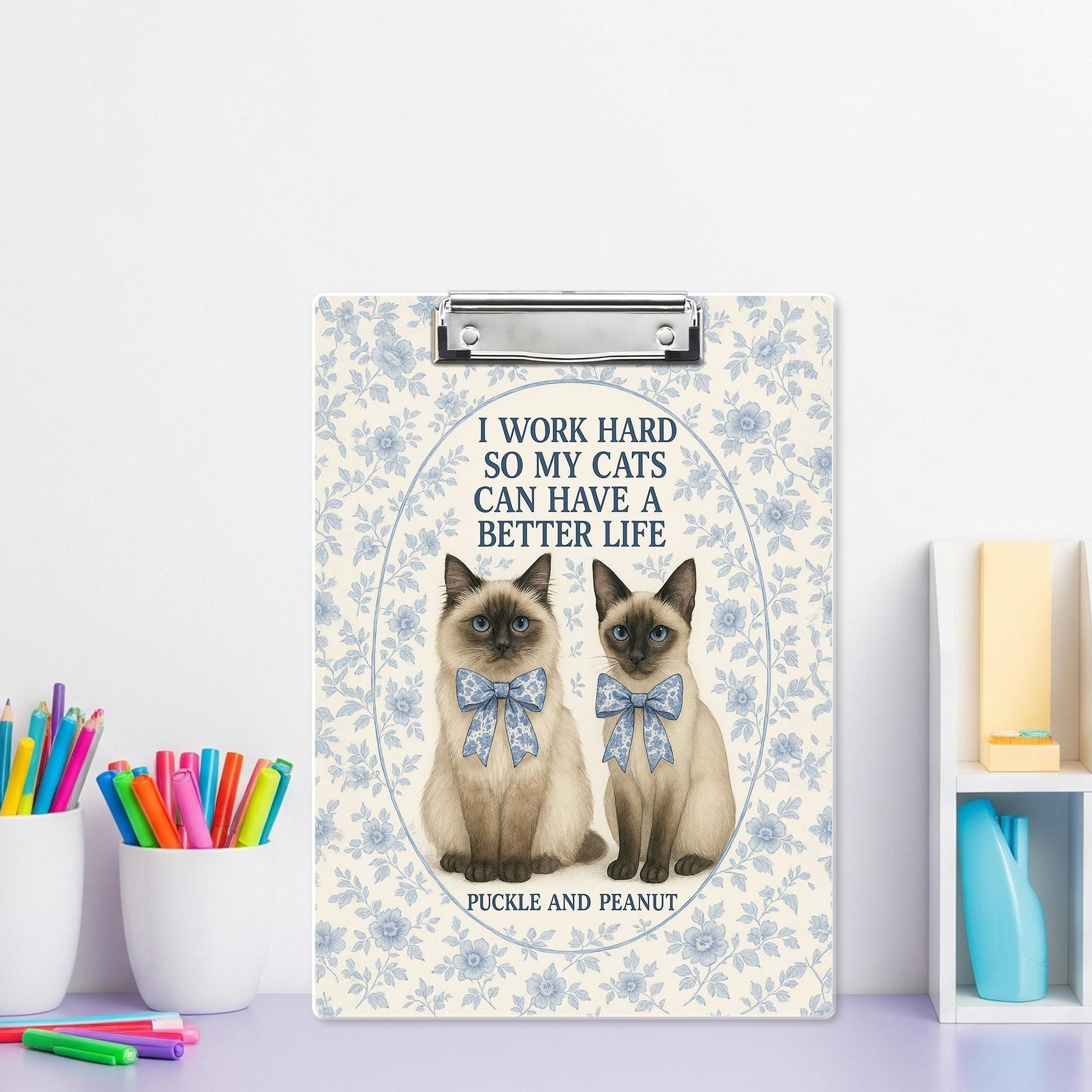 Custom Cat Clipboard - Floral Teacher Gift - Blue Chinoiserie Office Decor - Personalized Cat Lover Clipboard - Nurse Gift- Cat Mom Gift
