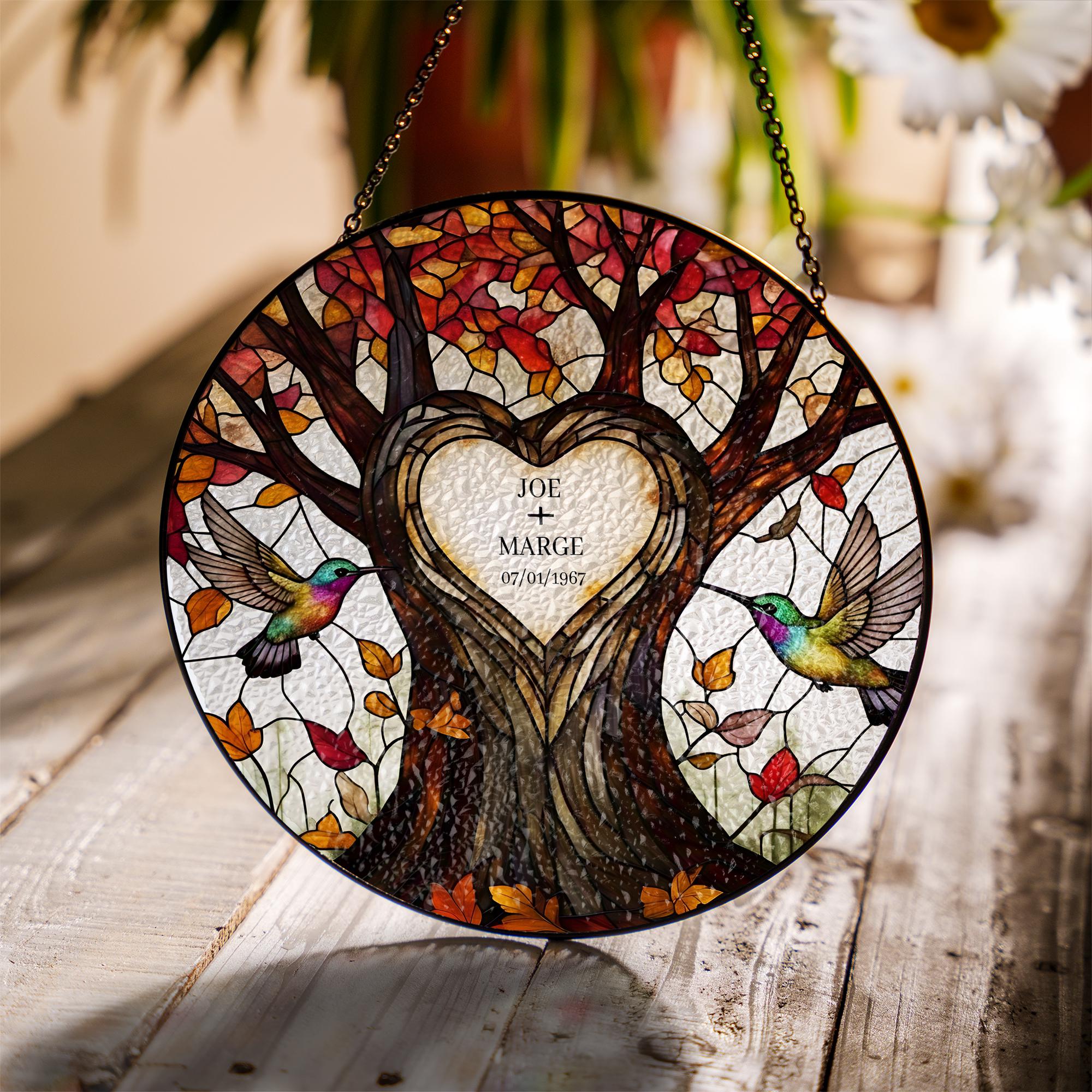 Custom Anniversary Glass Suncatcher, Heart Tree Gift, Hummingbird Decor, Anniversary Gift, Personalized Window Hanging, Couple Keepsake